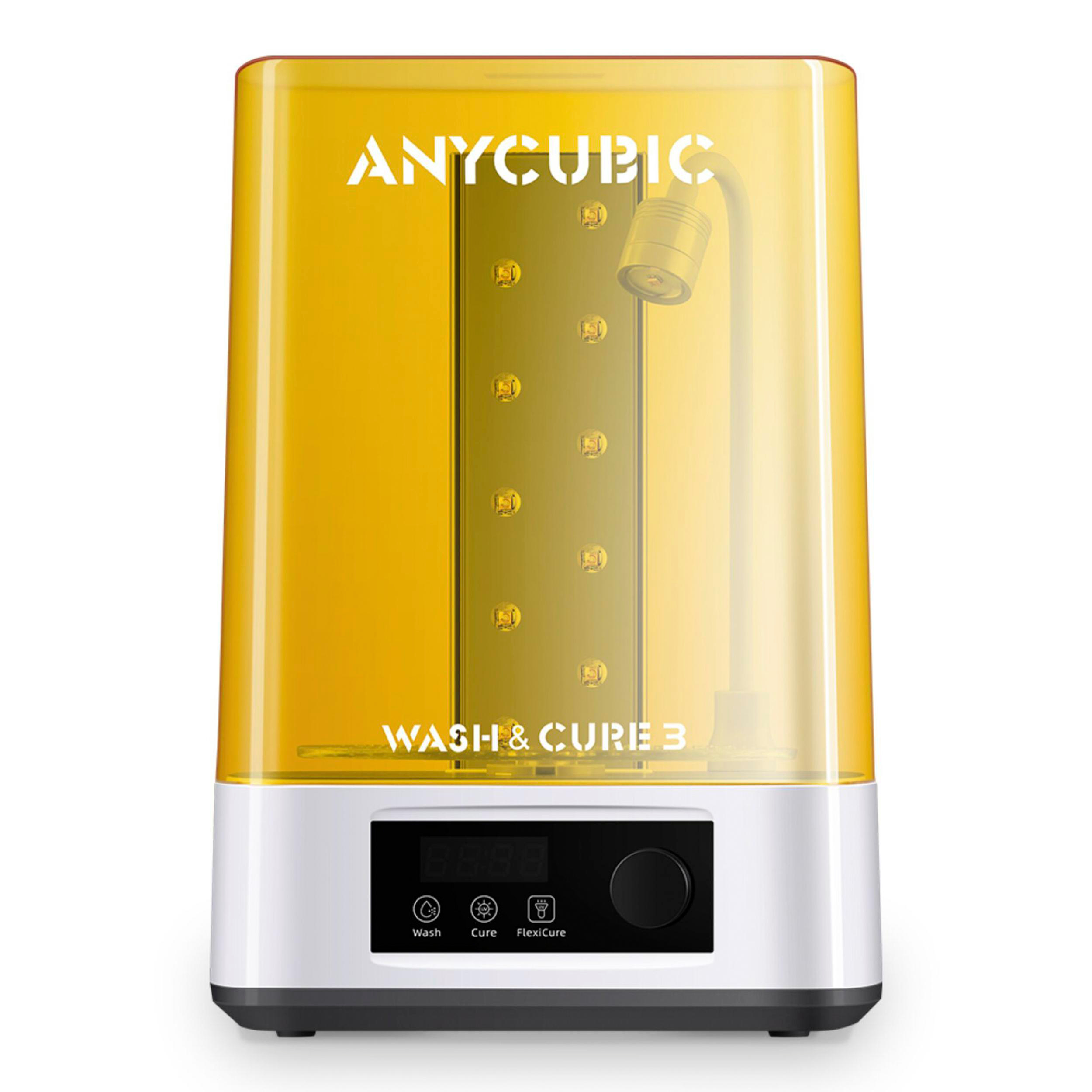 Gelbe Anycubic Wash & Cure 3 Maschine mit weißer Basis und LED-Leuchten auf einem weißen Hintergrund.