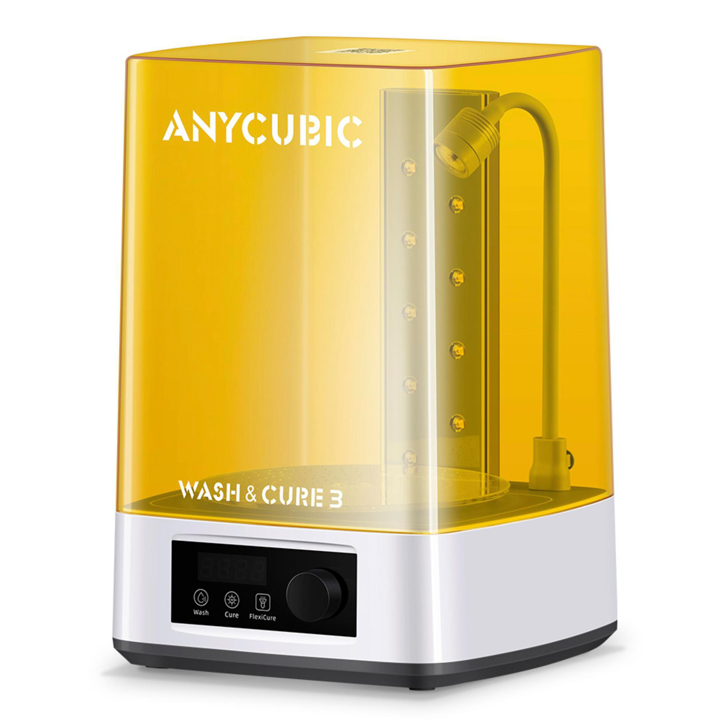 Anycubic Wash and Cure 3 3D-Drucker-Nachbearbeitungsstation mit gelber Abdeckung auf weißer Basis.