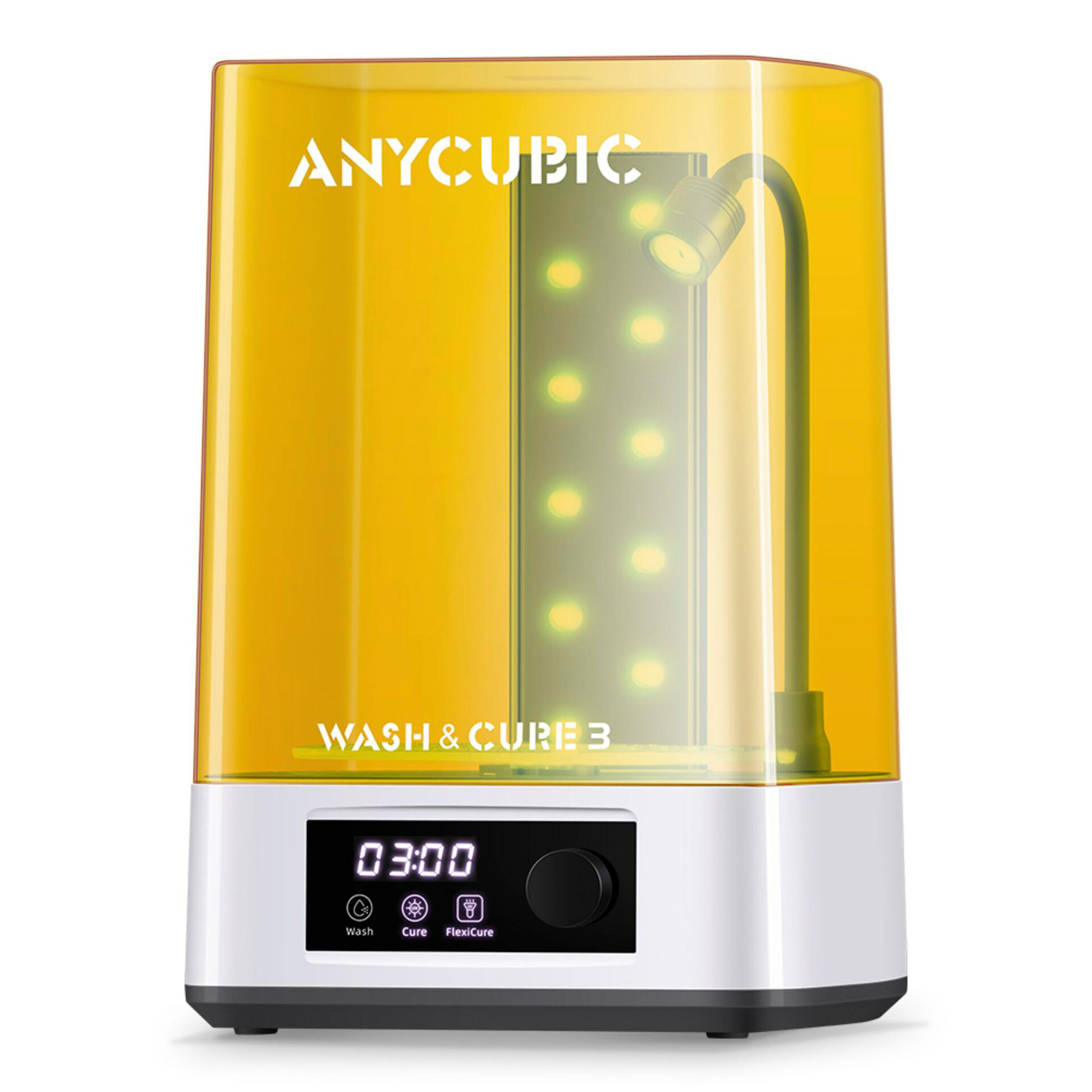 Gelbes Anycubic Wash and Cure 3 Gerät mit digitalem Display und weißer Basis.
