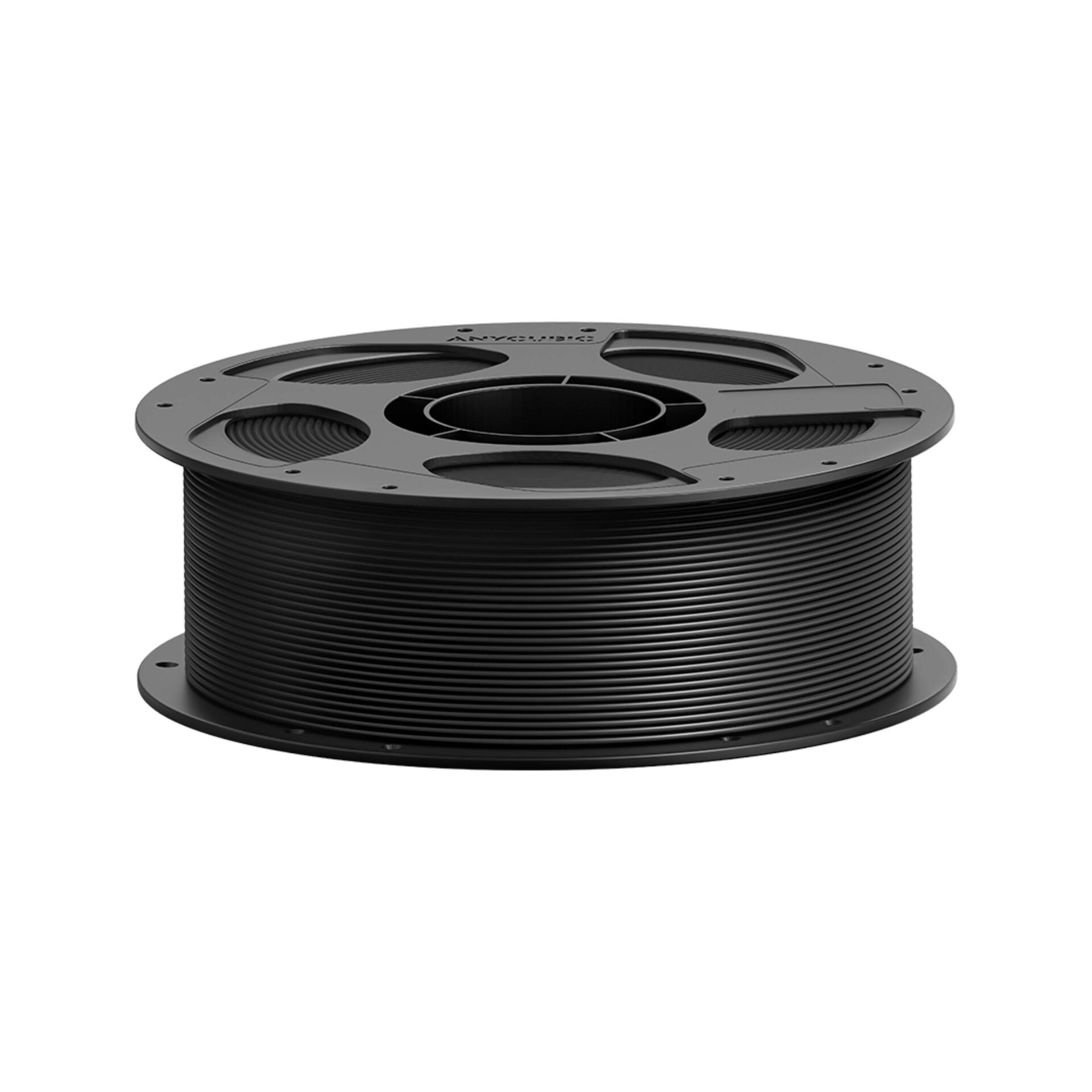 Eine schwarze 3D-Drucker-Filamentrolle auf weißem Hintergrund.