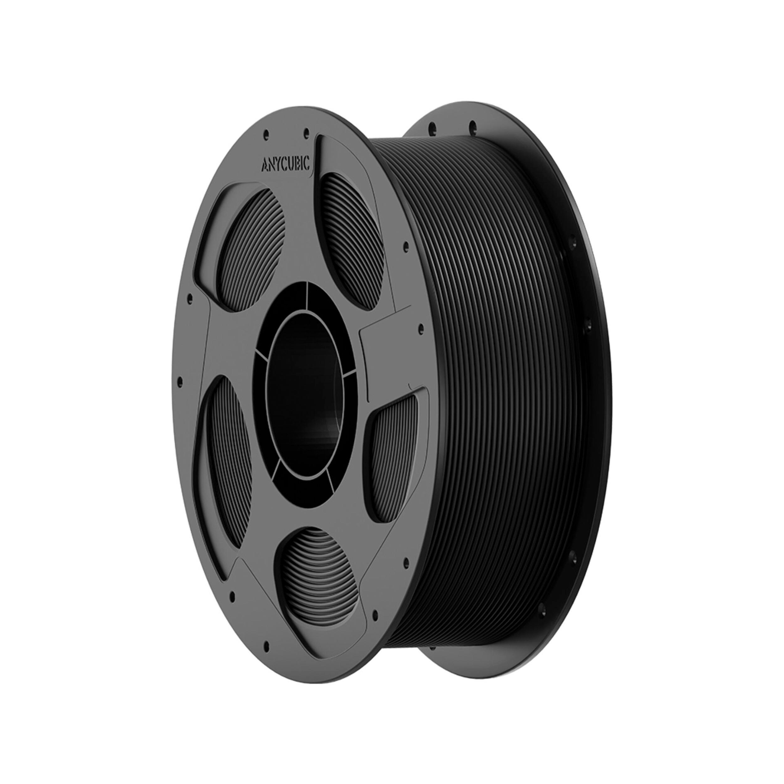 Eine schwarze Anycubic 3D-Druckerfilament Spule vor weißem Hintergrund.