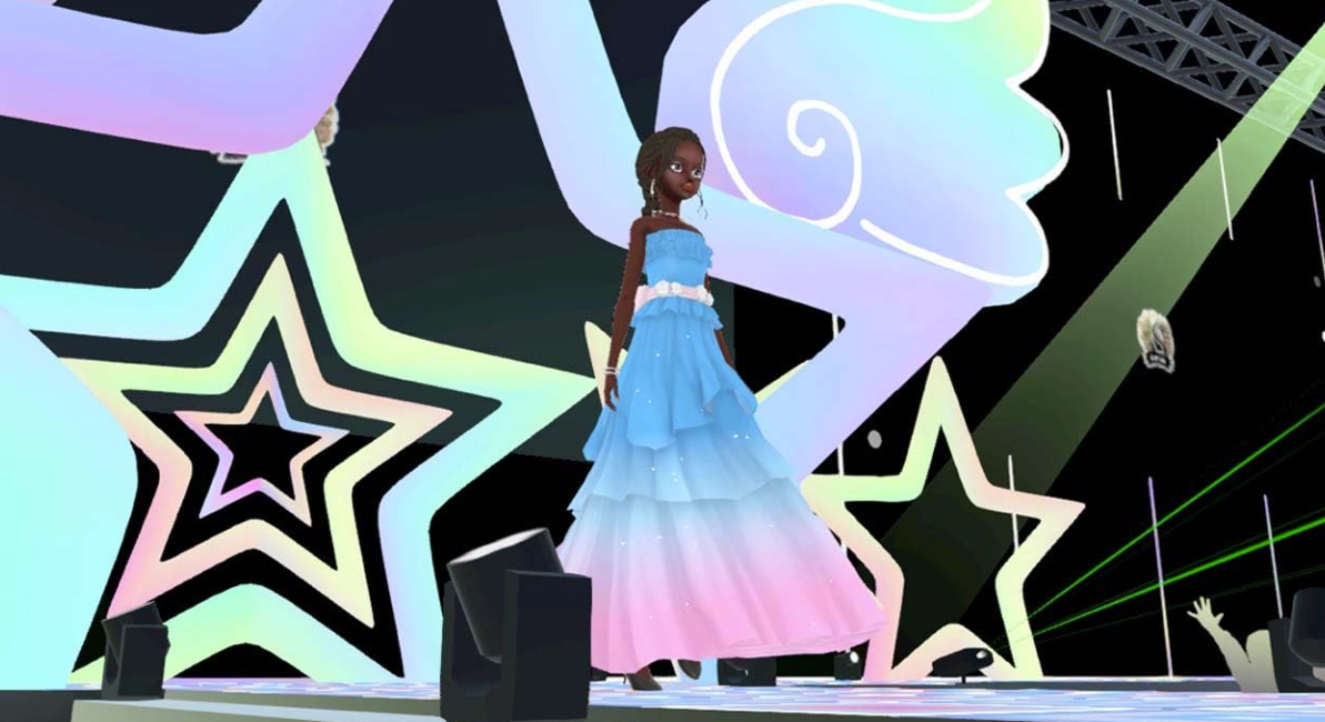 Eine virtuelle Figur in einem blauen und rosa Ballkleid auf einer Bühne mit großen leuchtenden Sternen.
