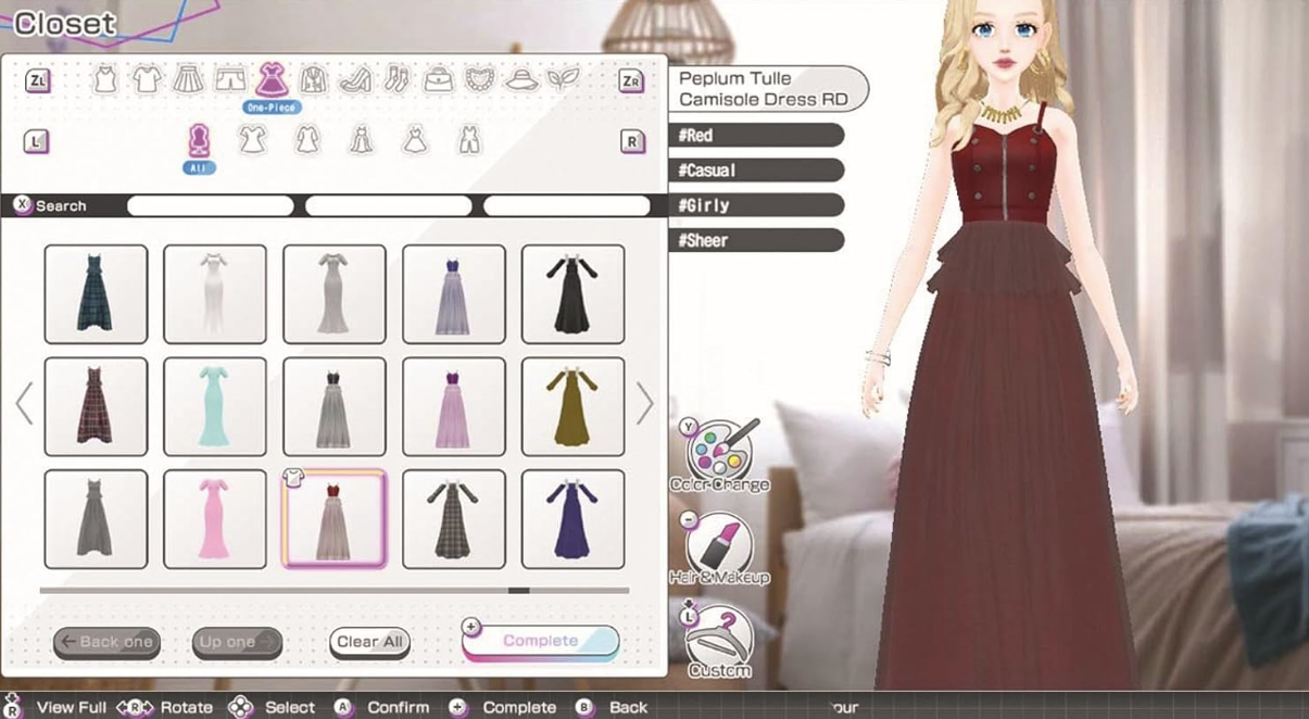 Kleiderschrank-Menü in einem Videospiel mit einer blonden Avatar-Figur, die ein langes rotes Kleid trägt.