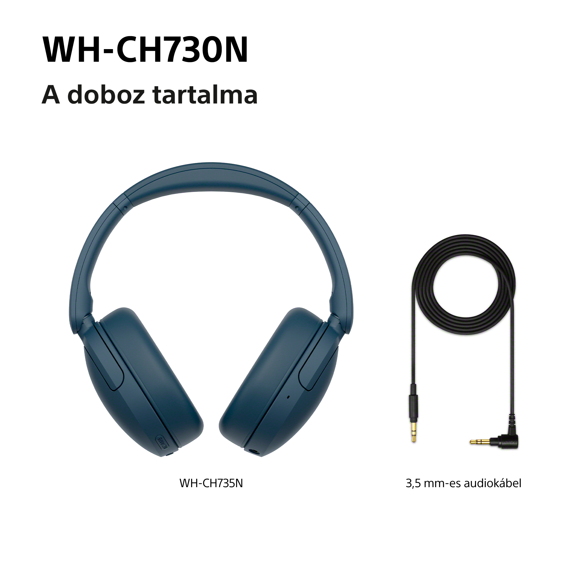 Kék WH-CH735N fejhallgató és fekete 3,5 mm-es audiokábel fehér alapon.