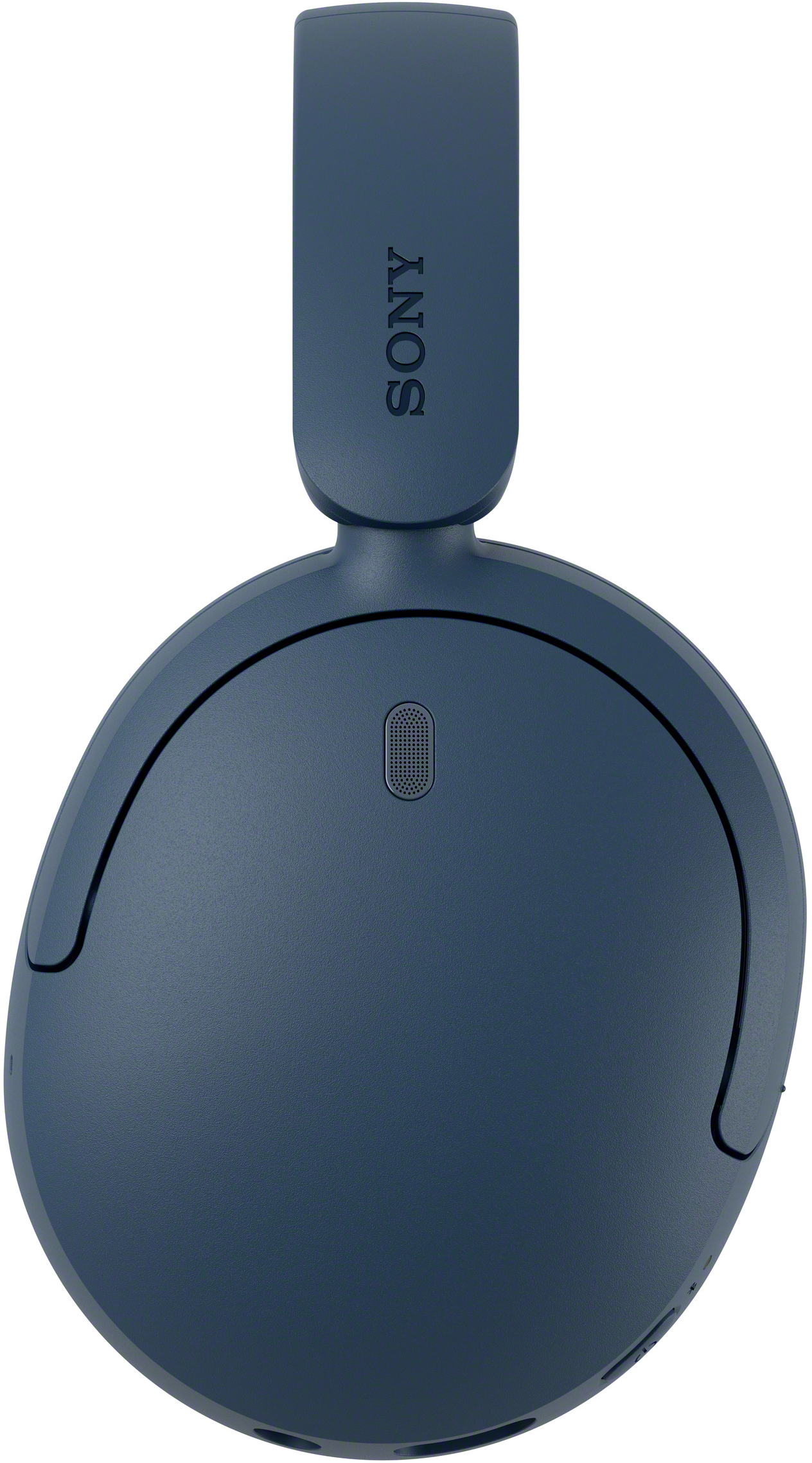 Közelkép egy kék Sony fülhallgatóról fehér háttér előtt.