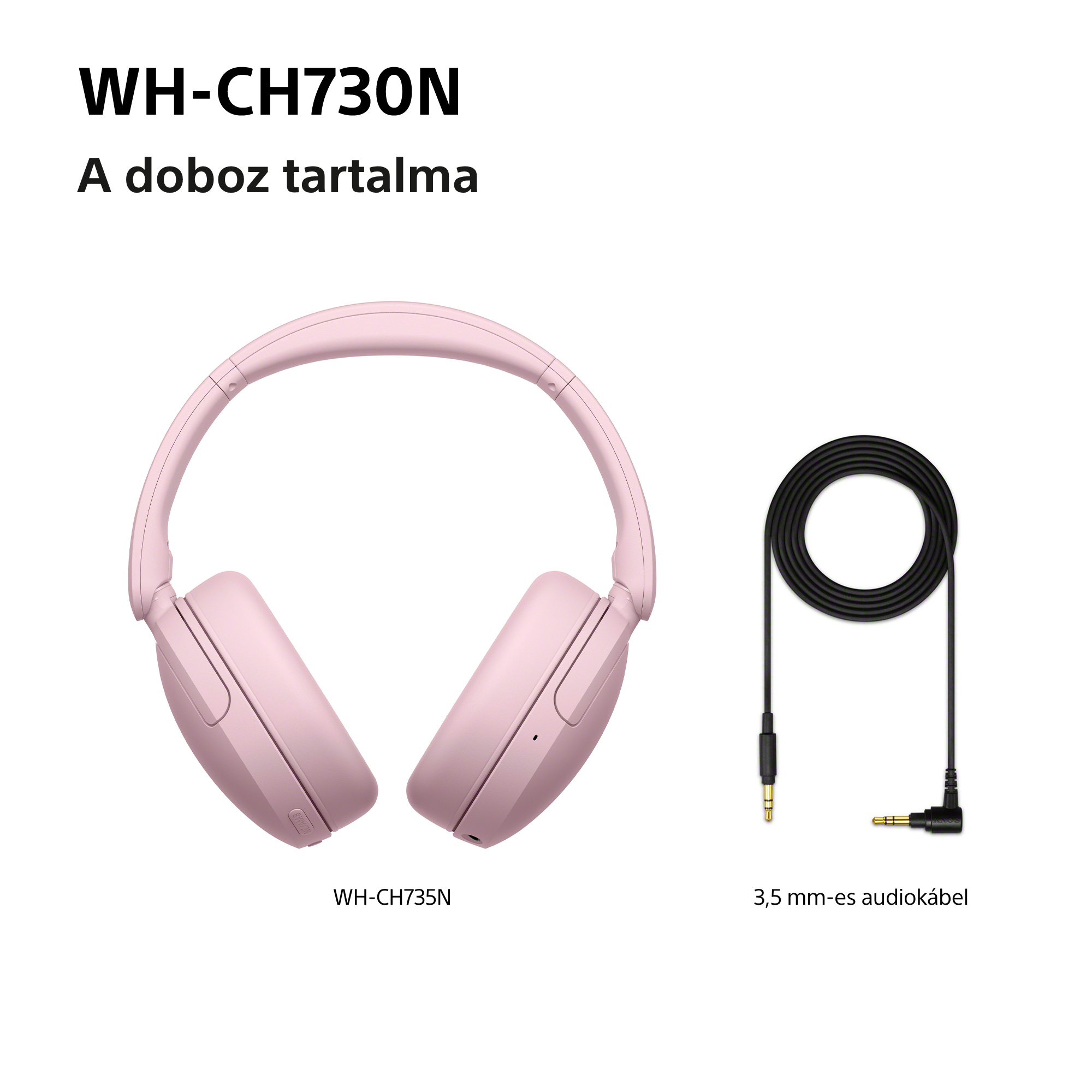 Rózsaszín WH-CH735N fejhallgató fekete 3,5 mm-es audiokábellel fehér háttéren.