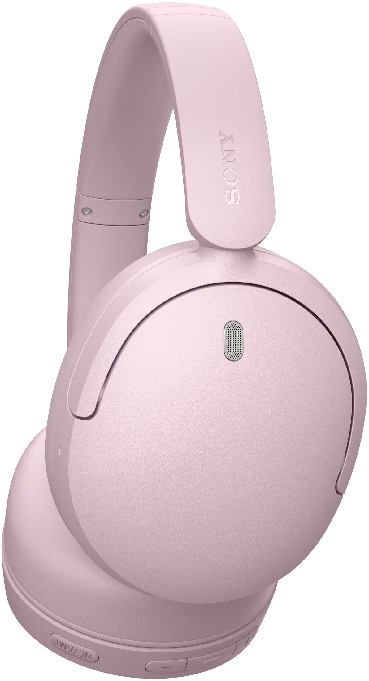 Rózsaszín vezeték nélküli Sony fülhallgató mikrofonnal, fehér háttér előtt.
