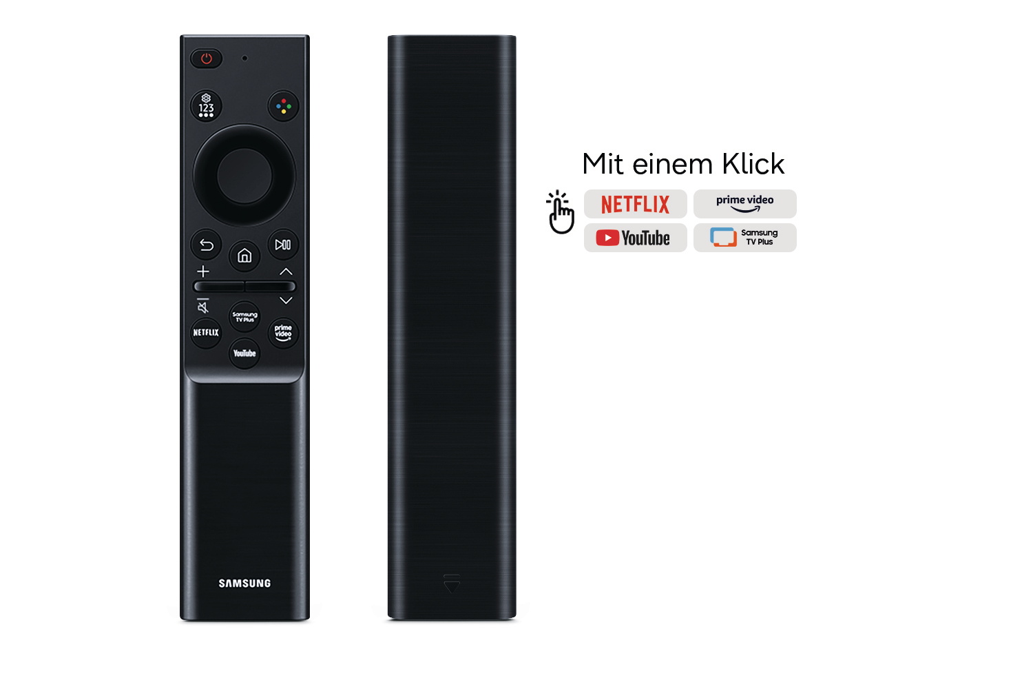 Schwarze Samsung-Fernbedienung mit Direktwahltasten für Netflix, Prime Video, YouTube und Samsung TV Plus.