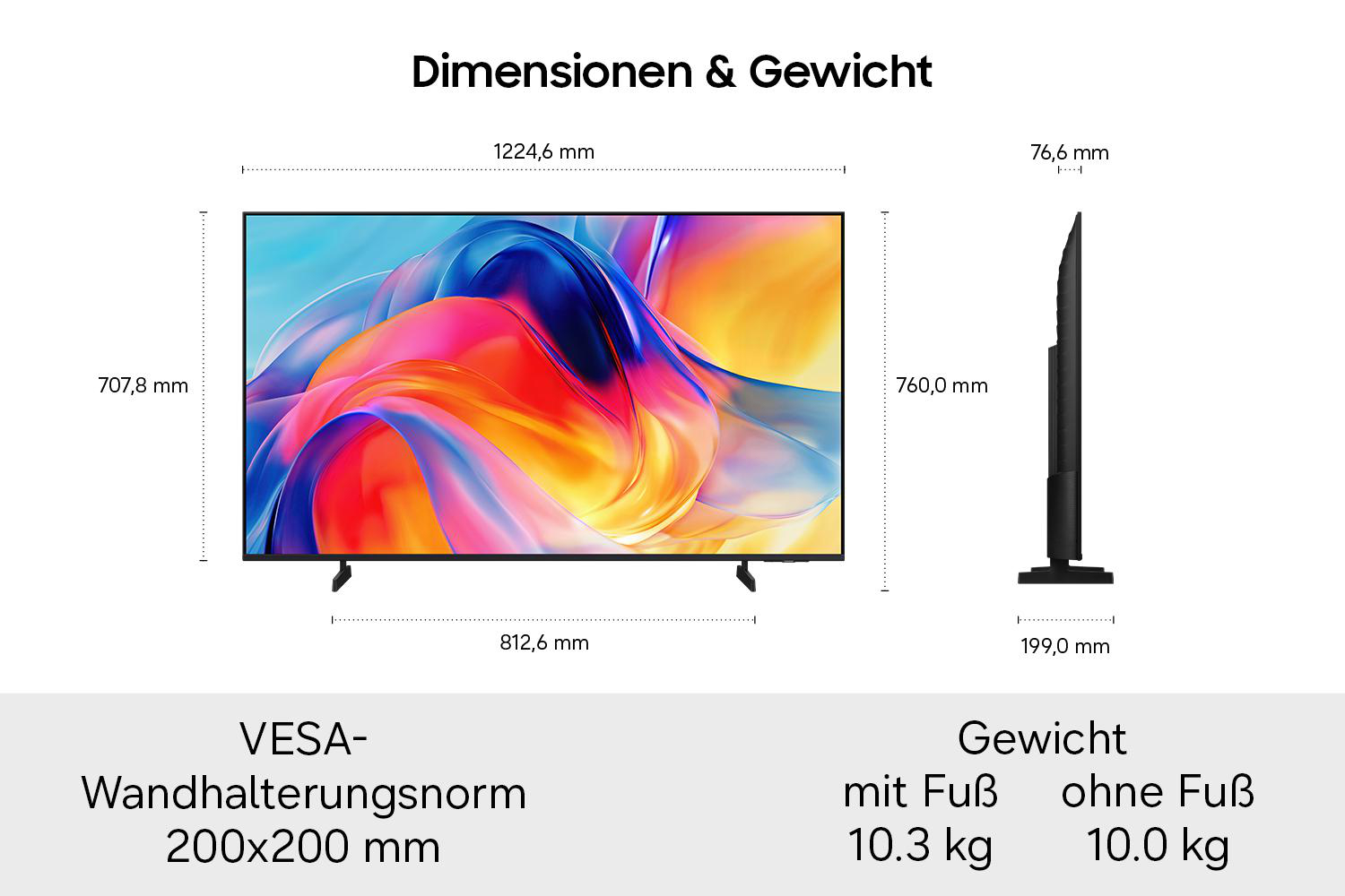 Diagramm zeigt die Abmessungen und das Gewicht eines Fernsehers mit verschiedenen Maßangaben und VESA-Norm.