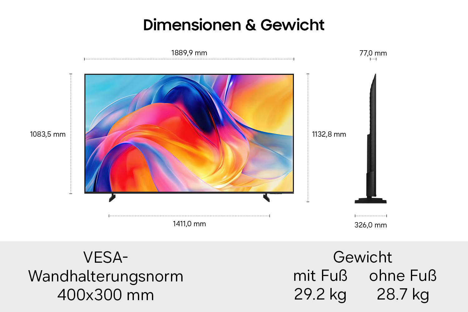 Technische Zeichnung mit Abmessungen und Gewichtsangaben eines Flachbildfernsehers.