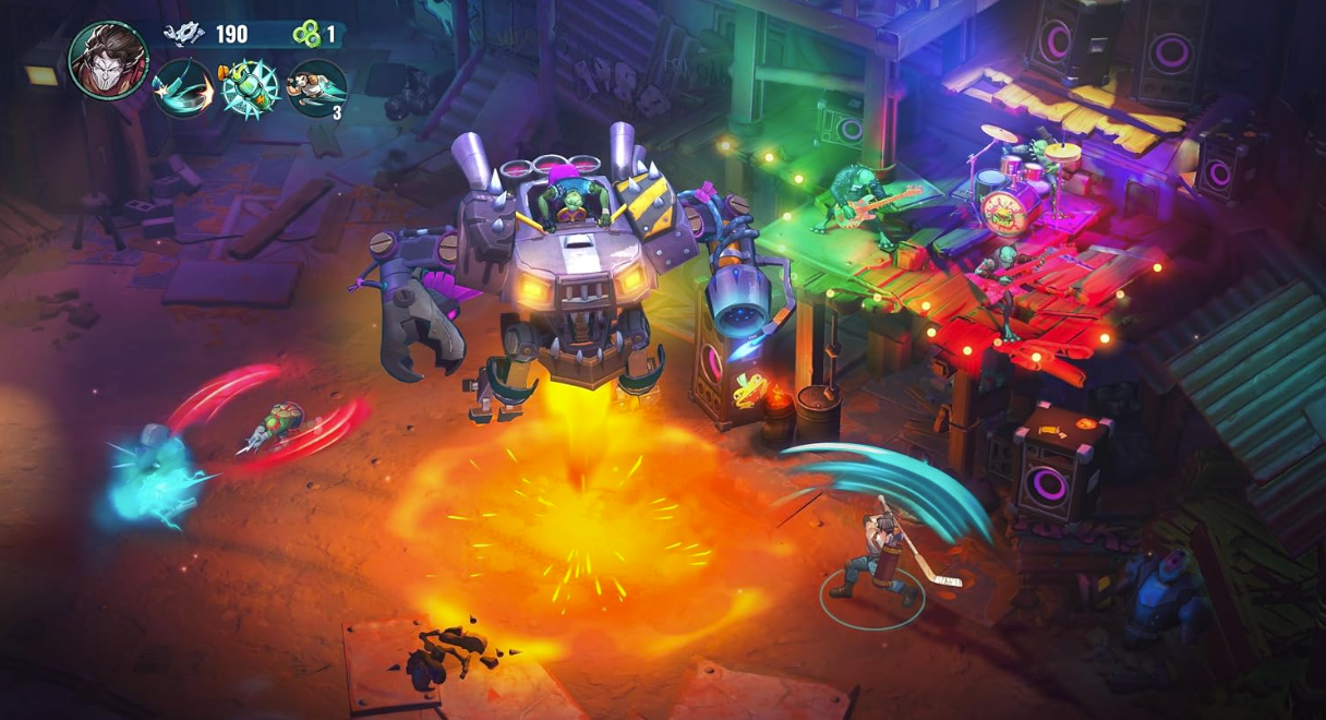 Ein Action-Videospiel zeigt Roboter und Kämpfer auf einer neonbeleuchteten Bühne mit Explosionen.