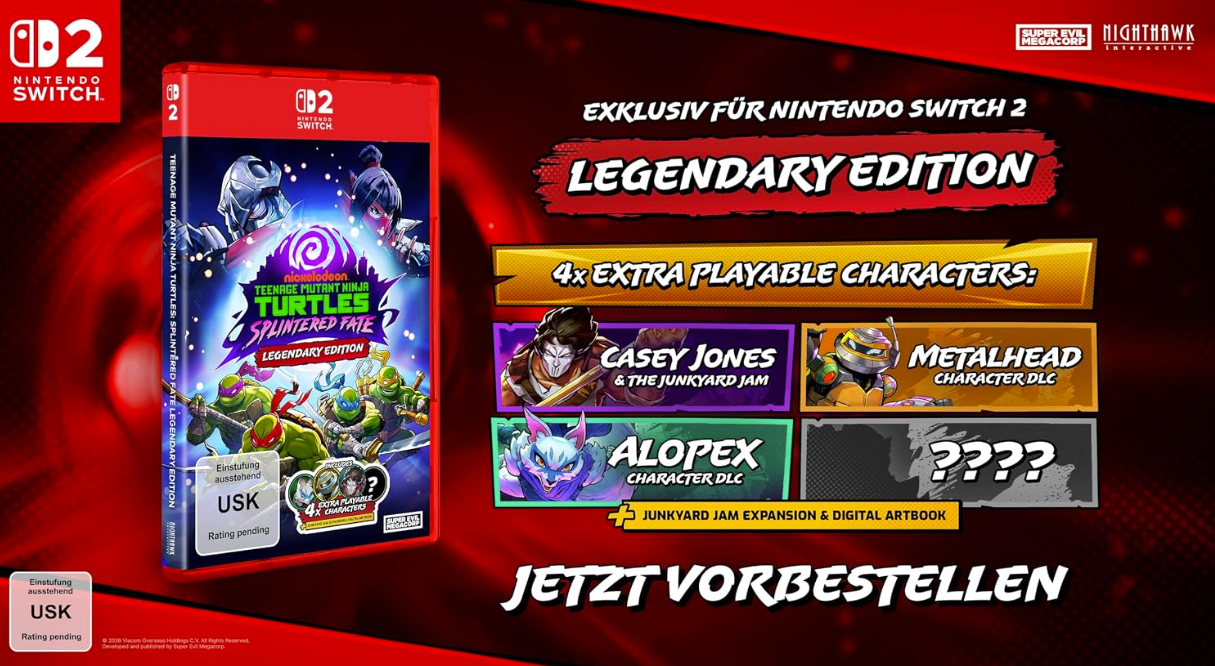 TMNT Splintered Fate Legendary Edition Spiel für Nintendo Switch 2 mit vier extra Charakteren, jetzt vorbestellen.