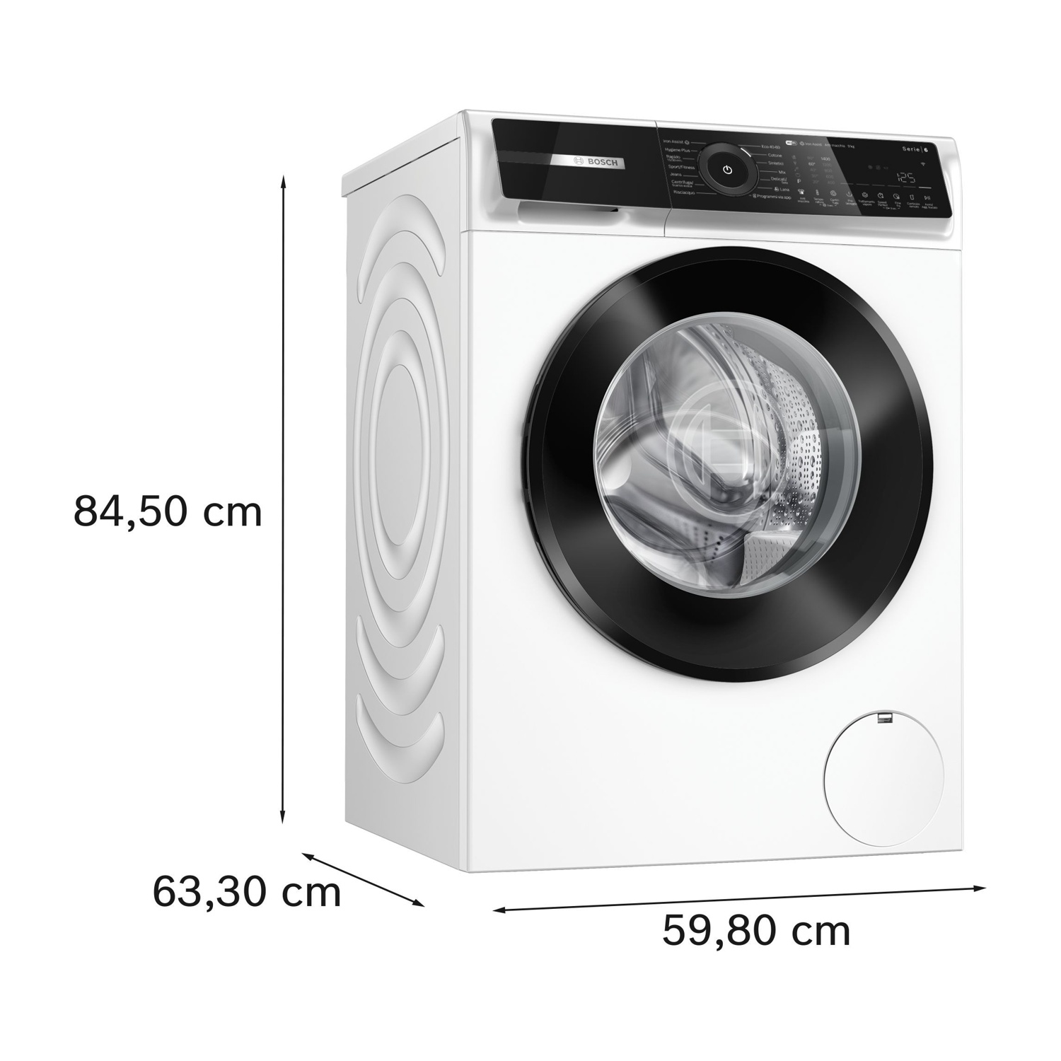 Lavatrice a carica frontale Bosch bianca con dimensioni di 84,50 cm di altezza, 59,80 cm di larghezza e 63,30 cm di profondità.