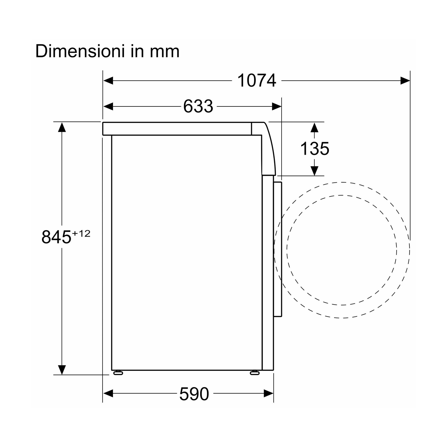 Disegno tecnico che mostra le dimensioni laterali di una lavatrice in millimetri.