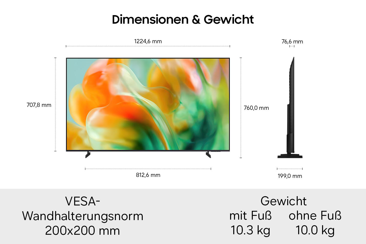 Technische Zeichnung der Abmessungen und des Gewichts eines Fernsehers mit VESA-Maß.