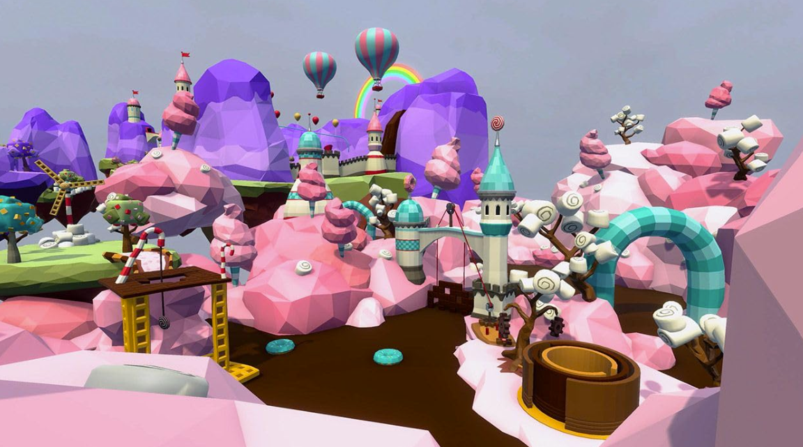 Eine skurrile Fantasielandschaft mit rosa und violetten Bergen, Pastellschlössern, Heißluftballons und einem Regenbogen.