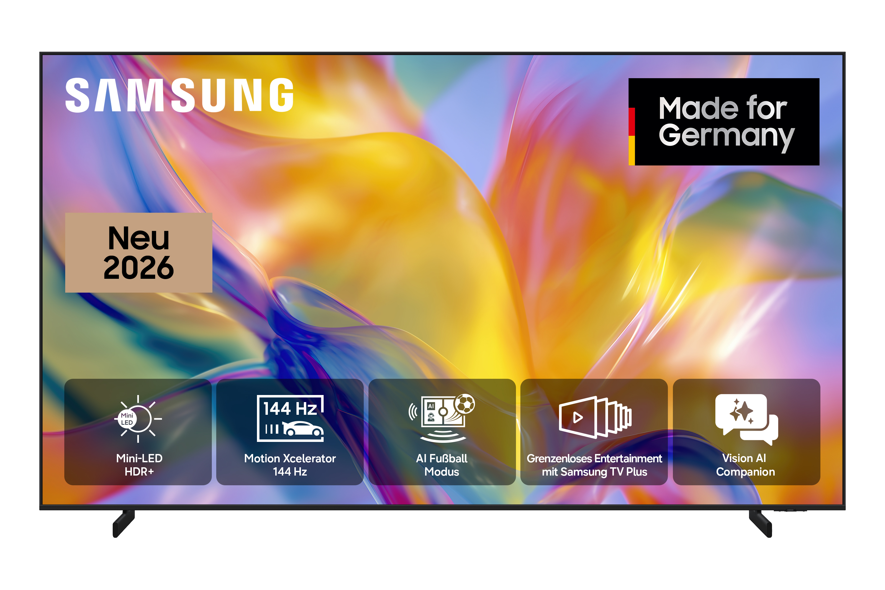 Samsung-Fernseher mit bunten Farben, 'Made for Germany' und Features wie Mini-LED und AI-Modus.