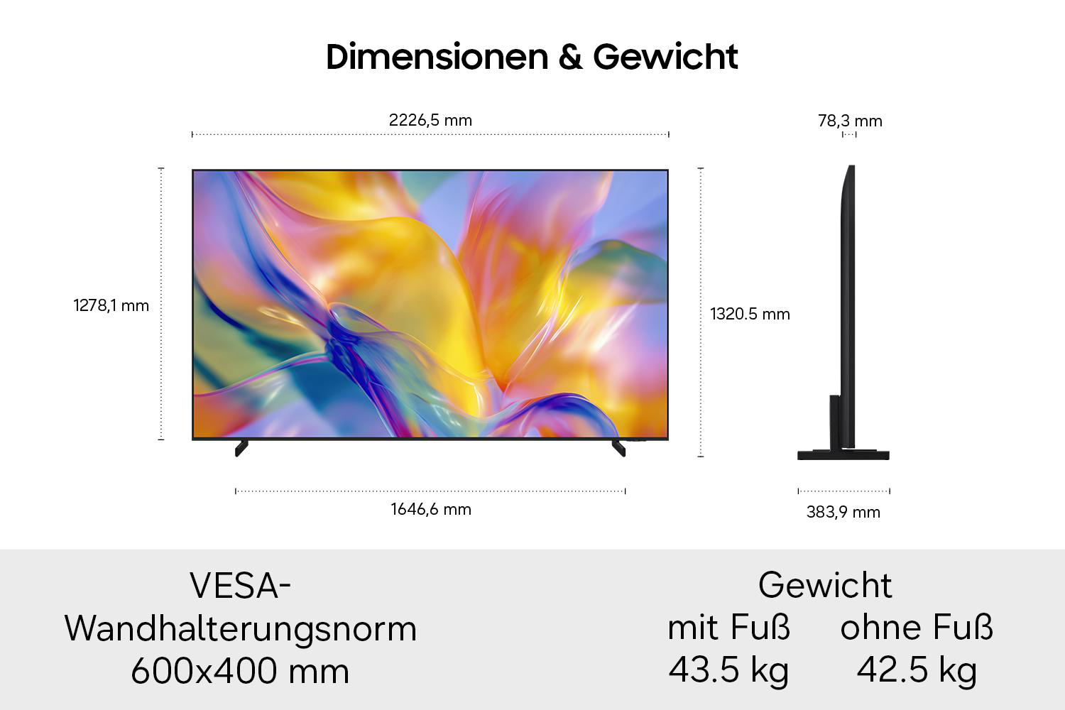 Technische Zeichnung mit Maßen und Gewichtsangaben eines Fernsehers auf weißem Hintergrund.