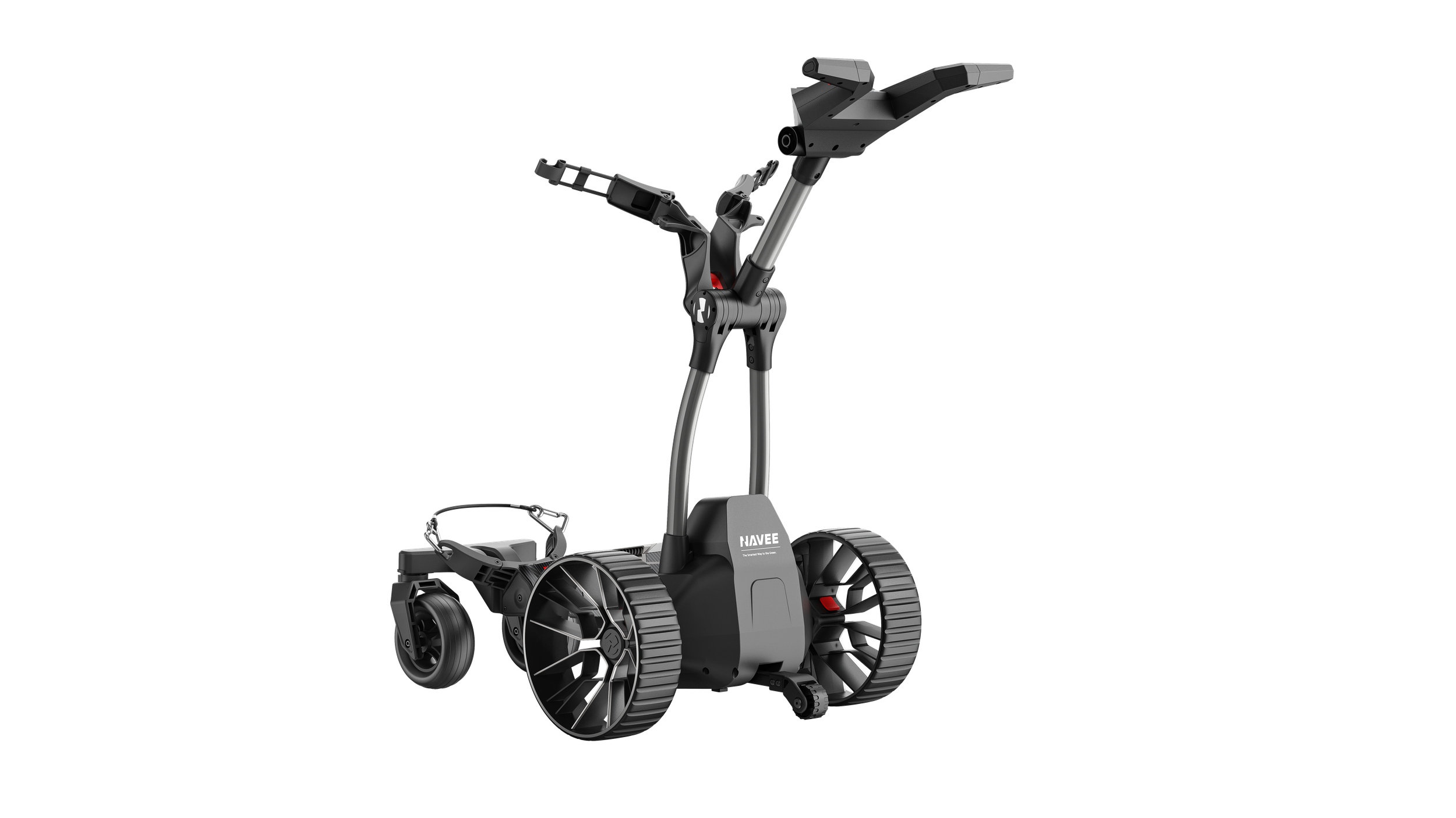 Schwarzer, vierrädriger Golf-Trolley mit breiten, profilierten Reifen und Griffen auf weißem Hintergrund.
