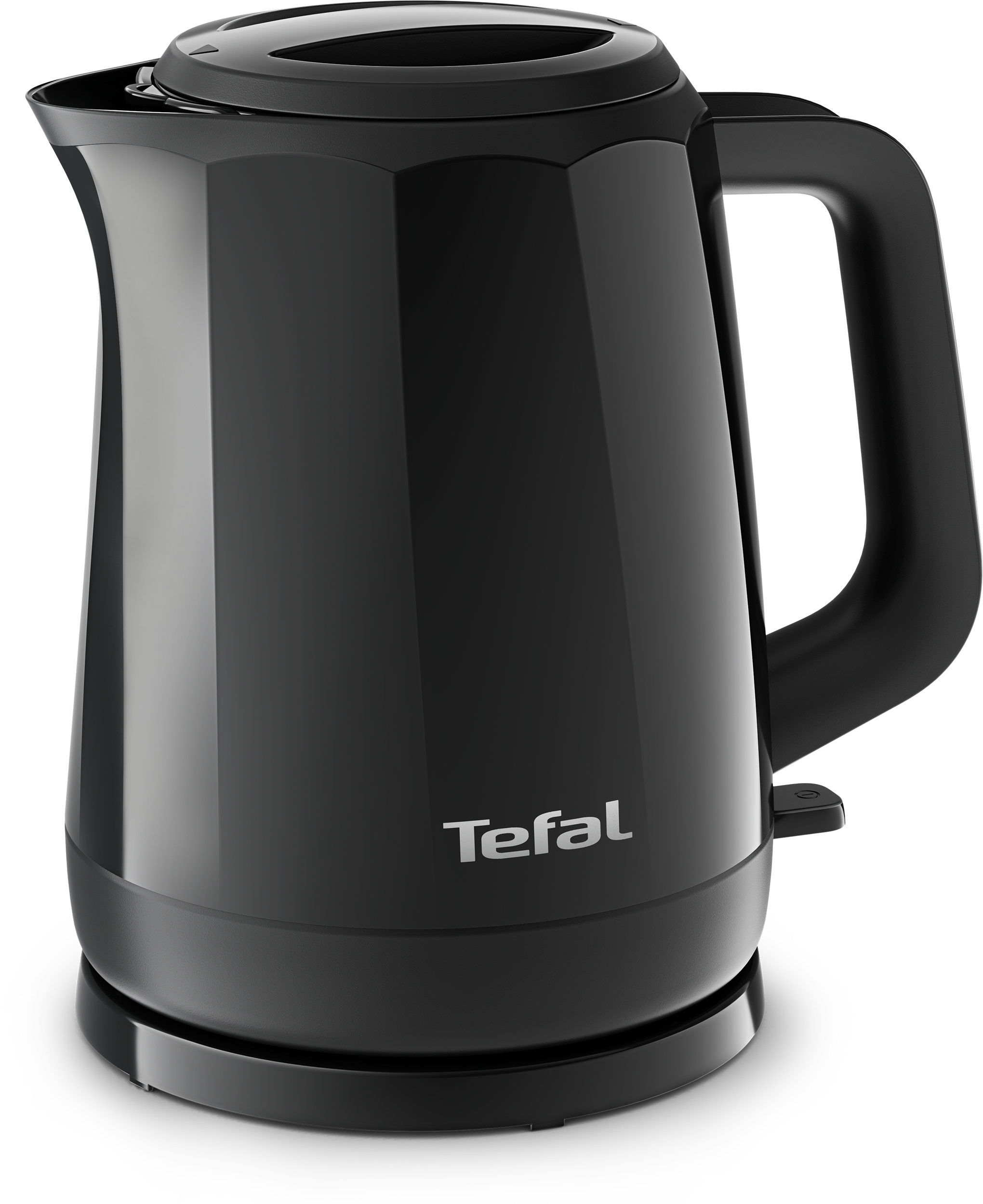 Fekete Tefal elektromos vízforraló kerek alapon, fekete háttér előtt.