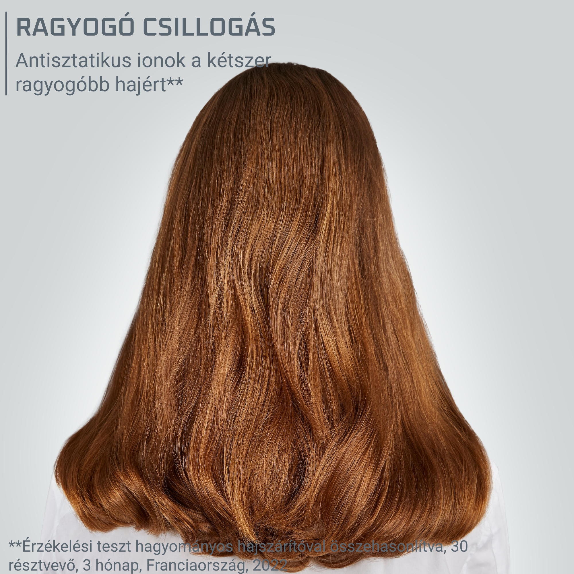 Hosszú, fényes barna haj hátulnézetből, világos háttérrel és magyar felirattal.