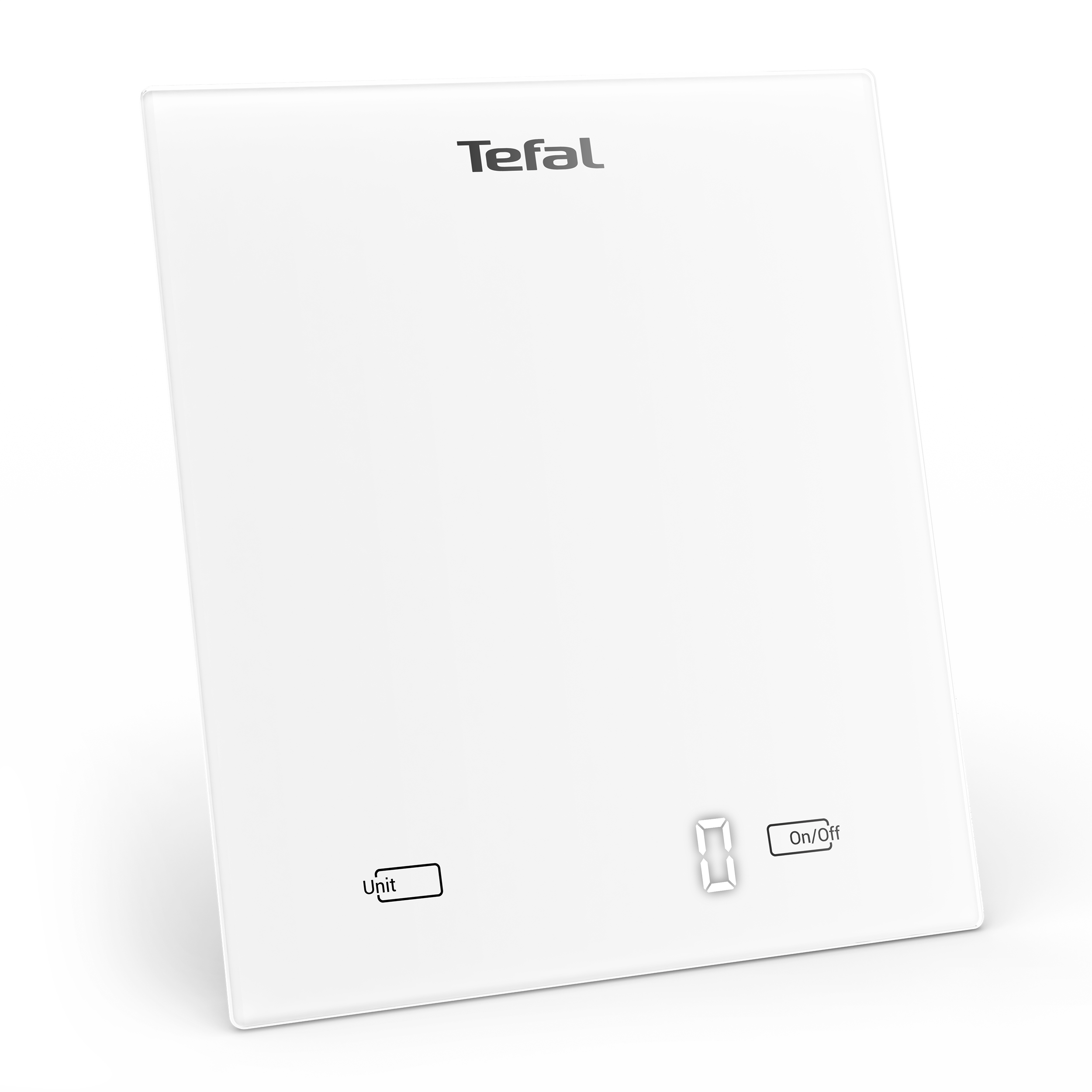 Egy fehér Tefal konyhai mérleg digitális kijelzővel, Unit és On/Off gombokkal fekete háttéren.
