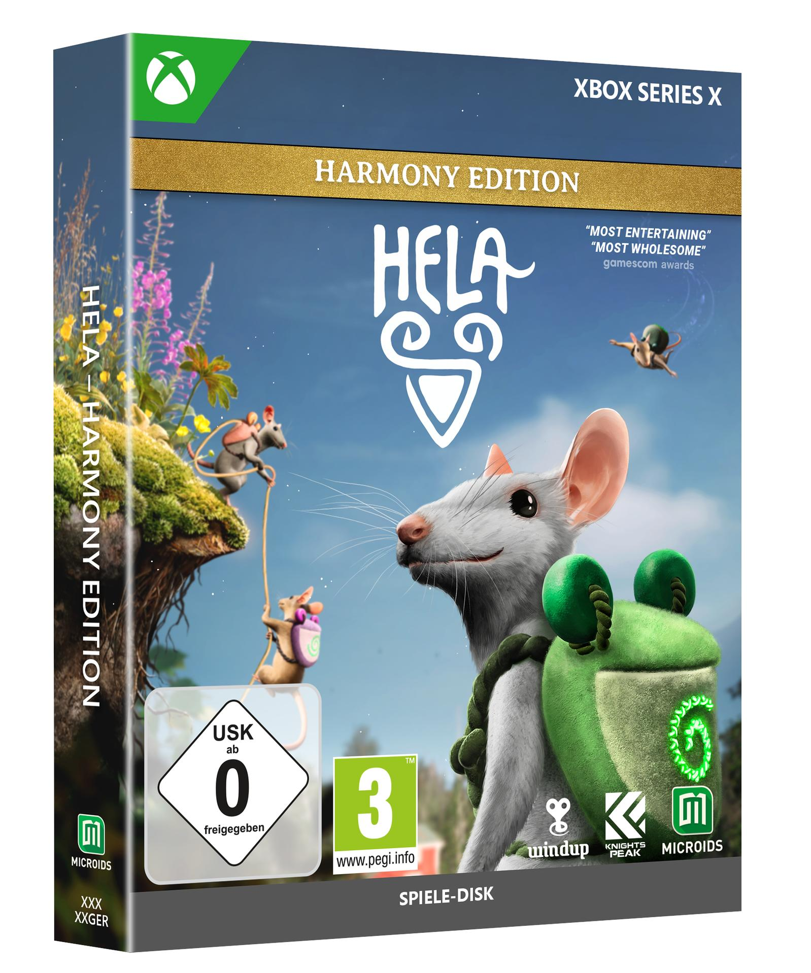 Xbox Series X Spielverpackung von Hela Harmony Edition mit kleinen Mäusen vor blauem Himmel.