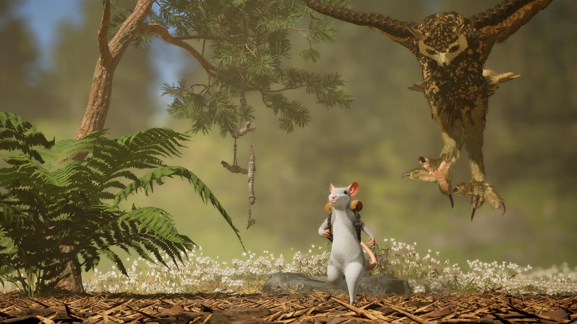 Eine kleine weiße Ratte mit Rucksack rennt in einem sonnigen Wald, während eine große Eule herabstößt.