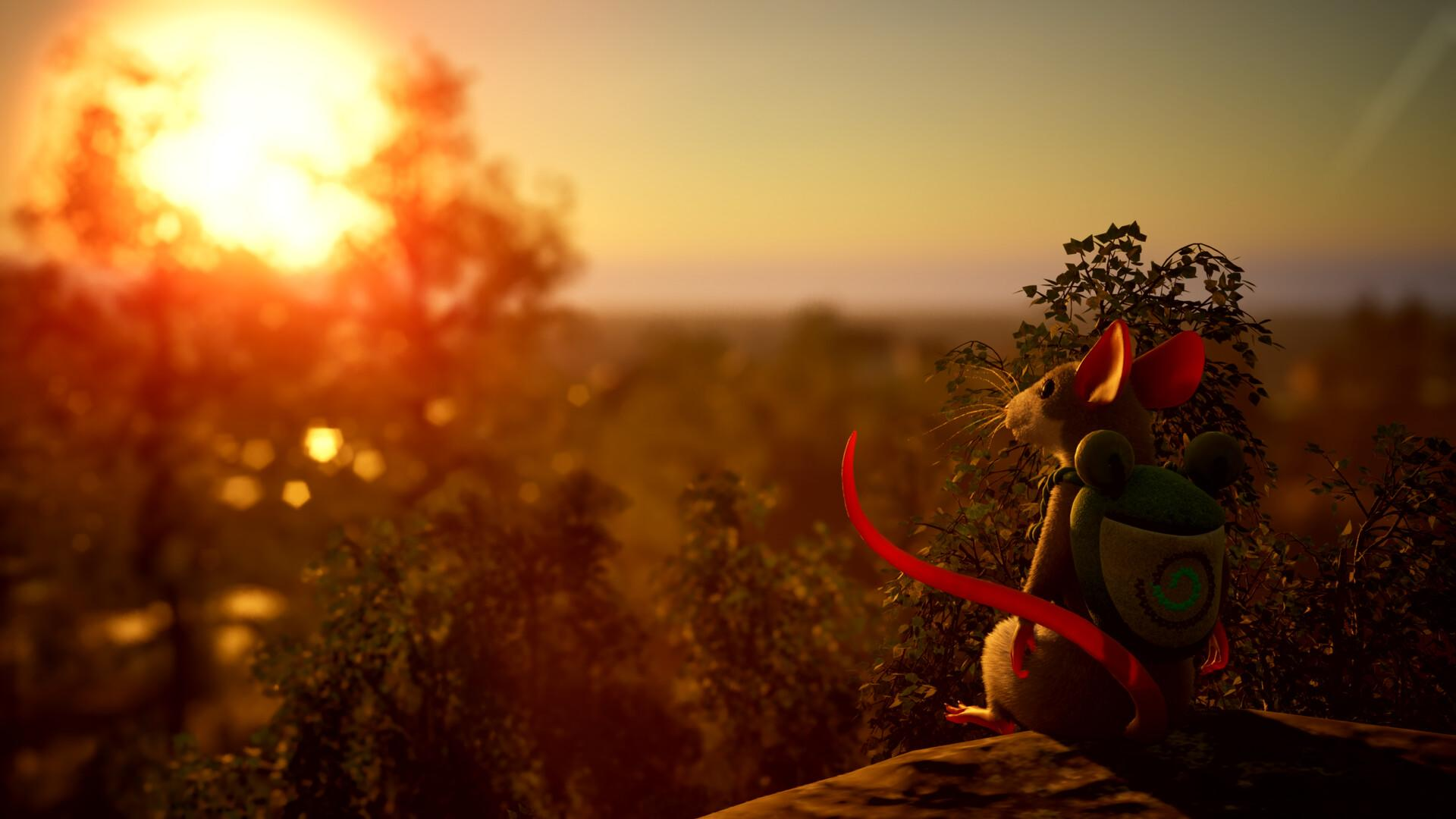Eine kleine Maus mit Rucksack sitzt bei Sonnenuntergang auf einem Felsen und blickt in die Ferne.
