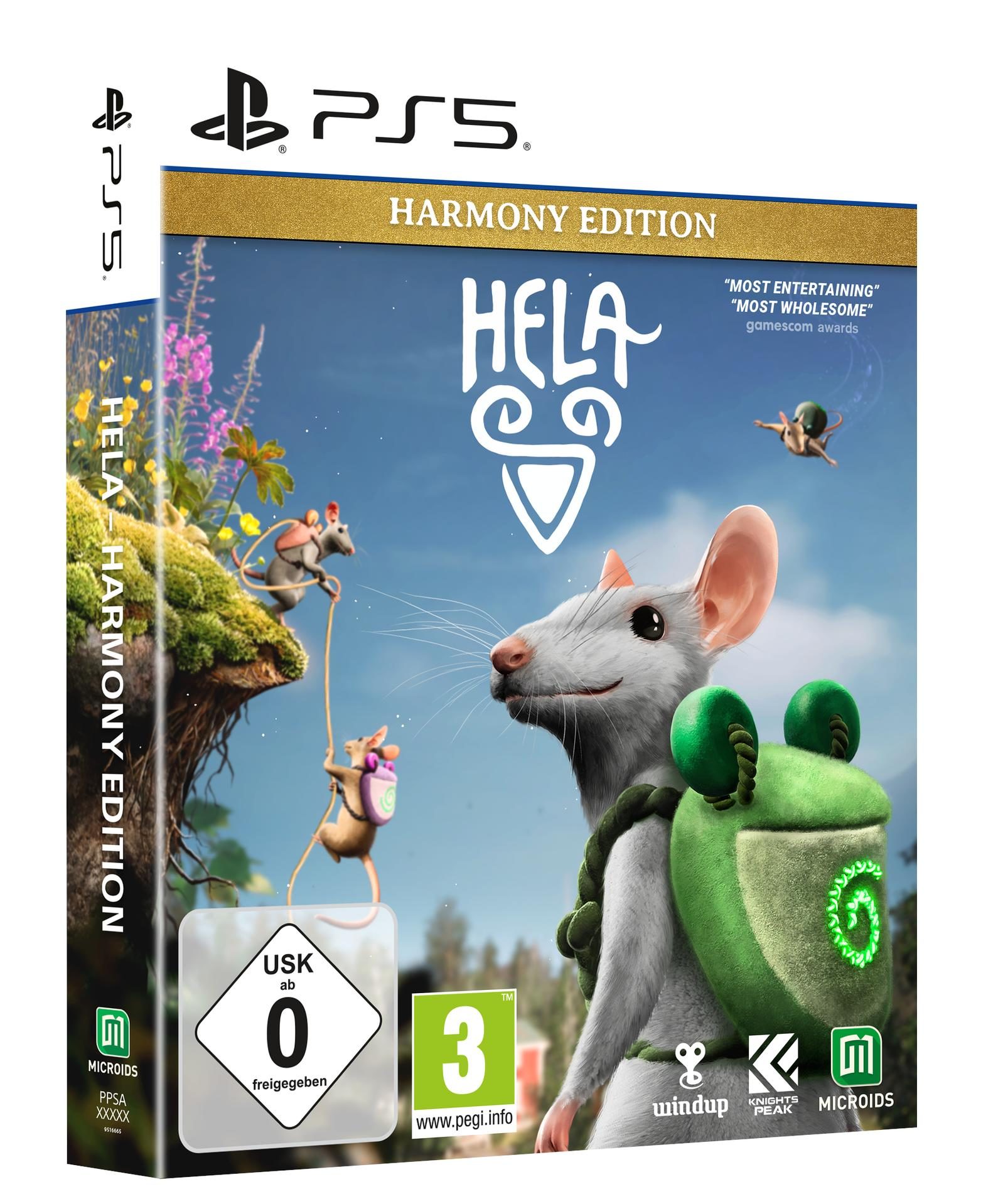 PS5-Spiel Hela Harmony Edition mit Mäusen vor blauschimmerndem Himmel.