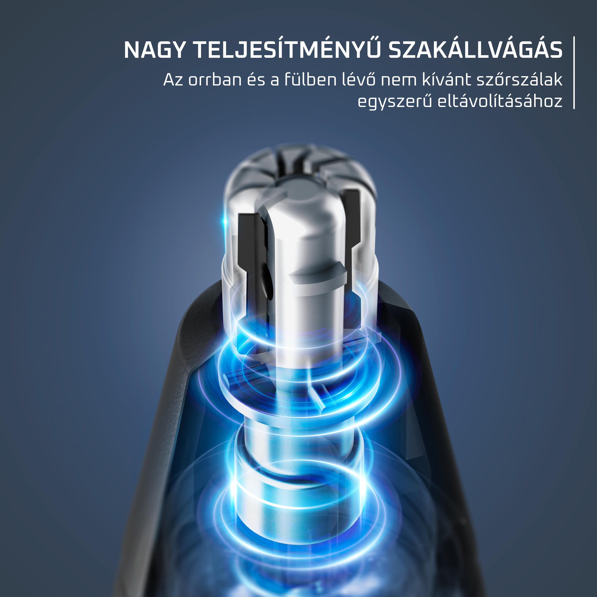 Orrszőrvágó fej közeli képe kék védőörvénnyel és magyar felirattal.