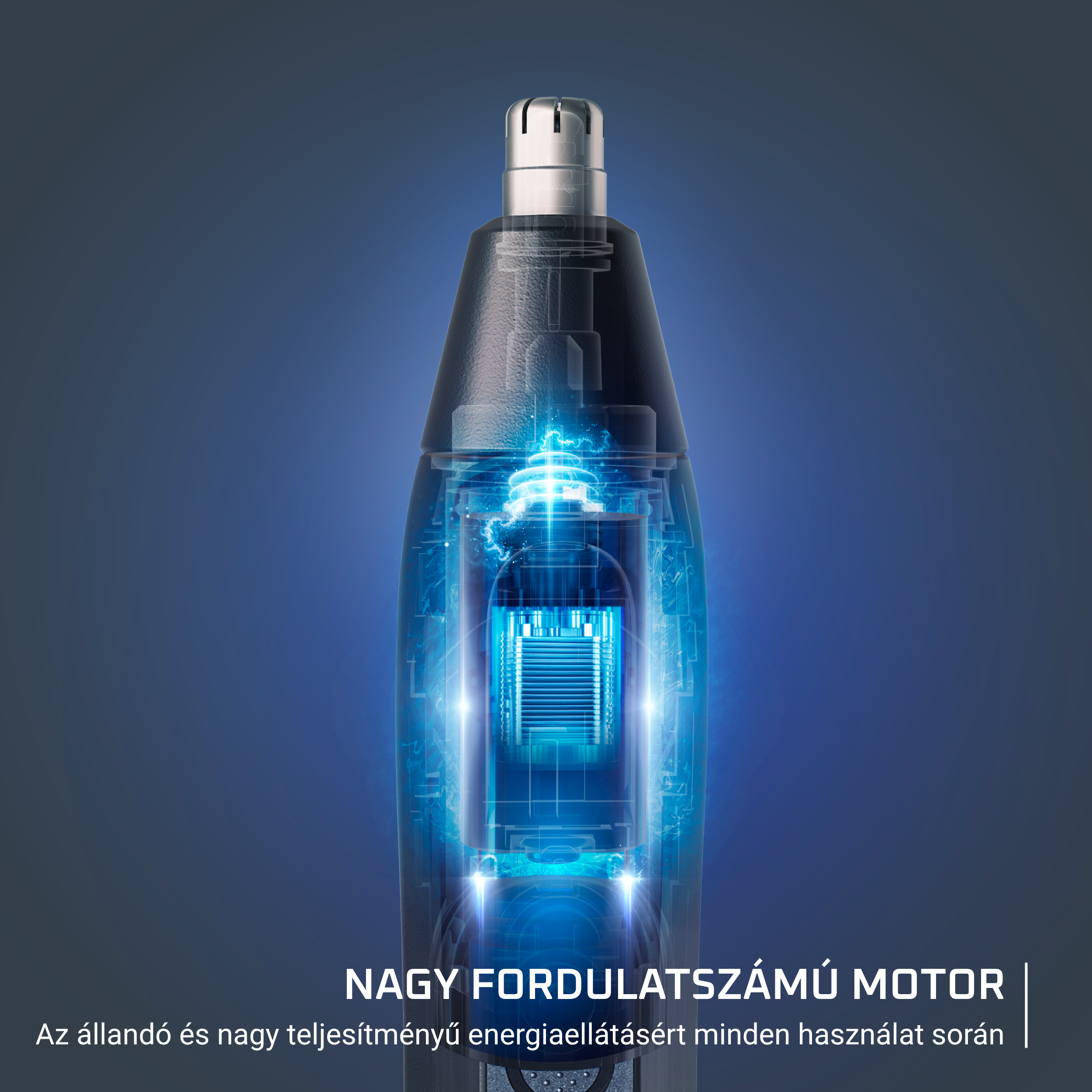 Orrszőrvágó röntgenképe világító kék motorral és magyar szöveggel az alján.
