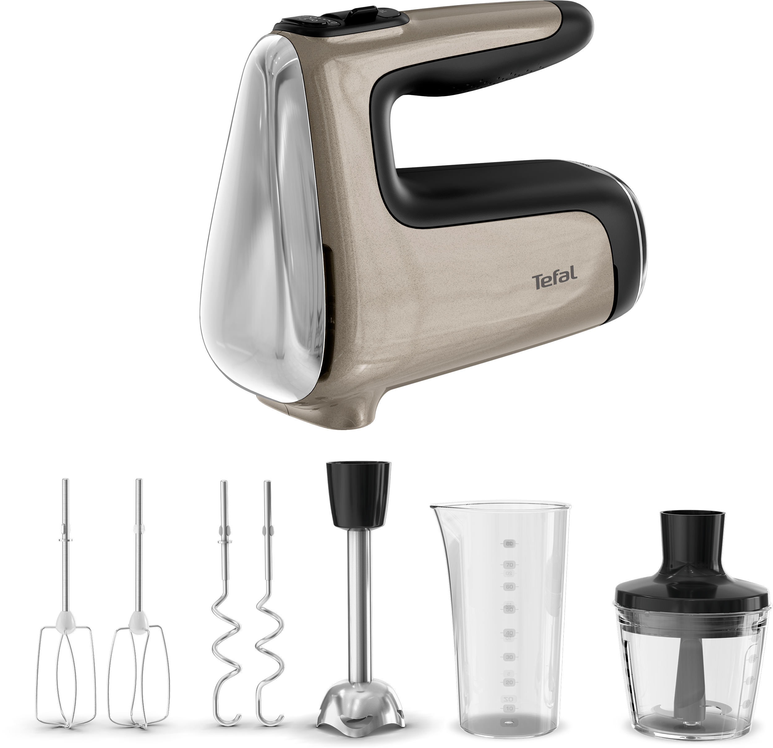 Egy pezsgoszinu Tefal kezi mixer tartozekokkal, mint habverok, dagasztok es botmixer fekete hatteren.