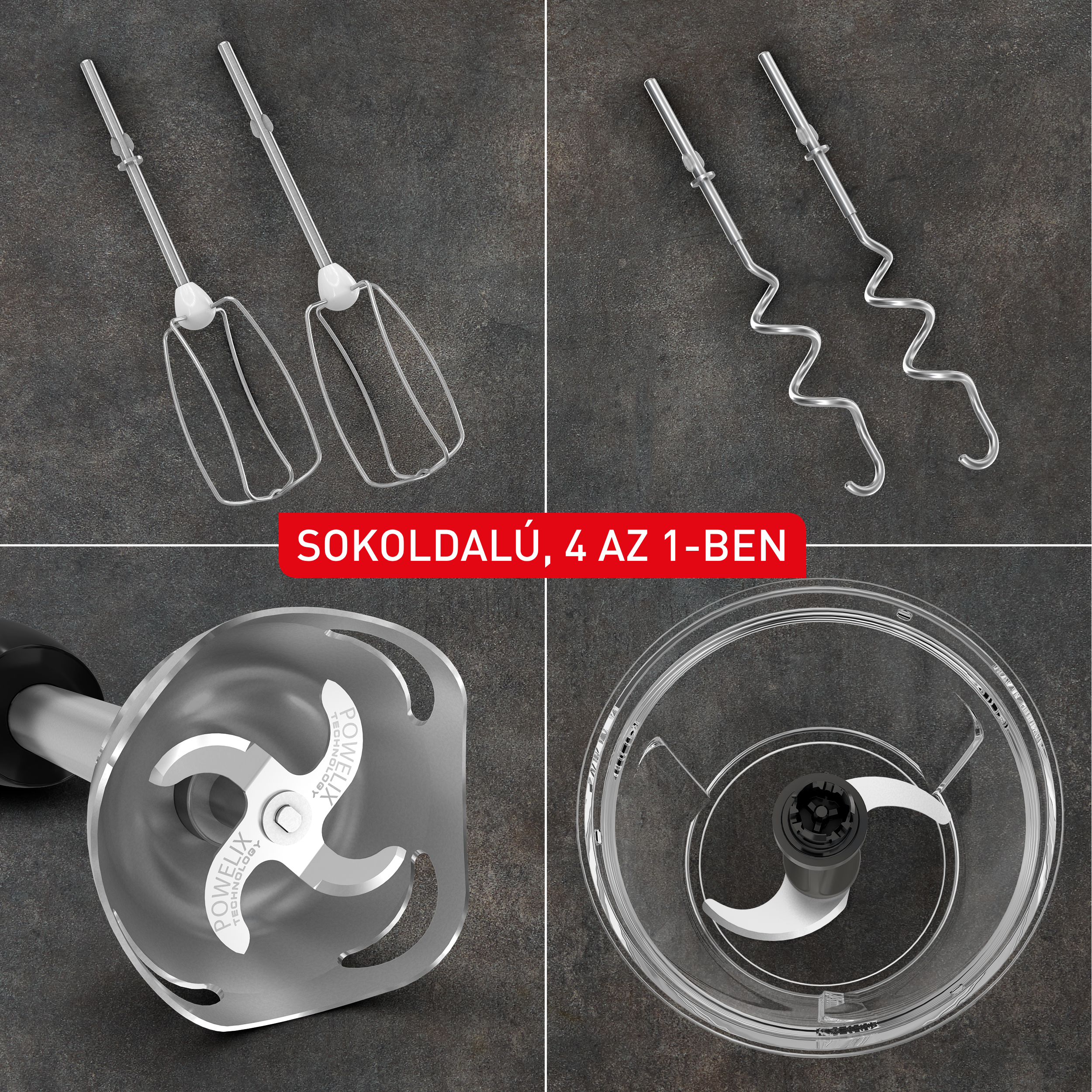 Négy kézi mixer tartozék sötét háttérrel és piros szöveggel.