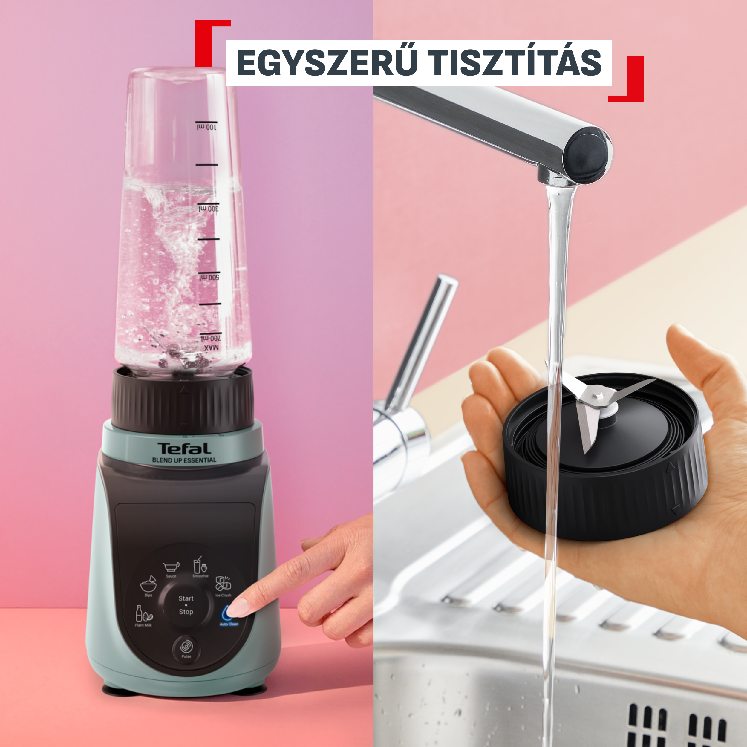 Balra egy Tefal turmixgép automata tisztítással, jobbra a kések öblítése csapvíz alatt.