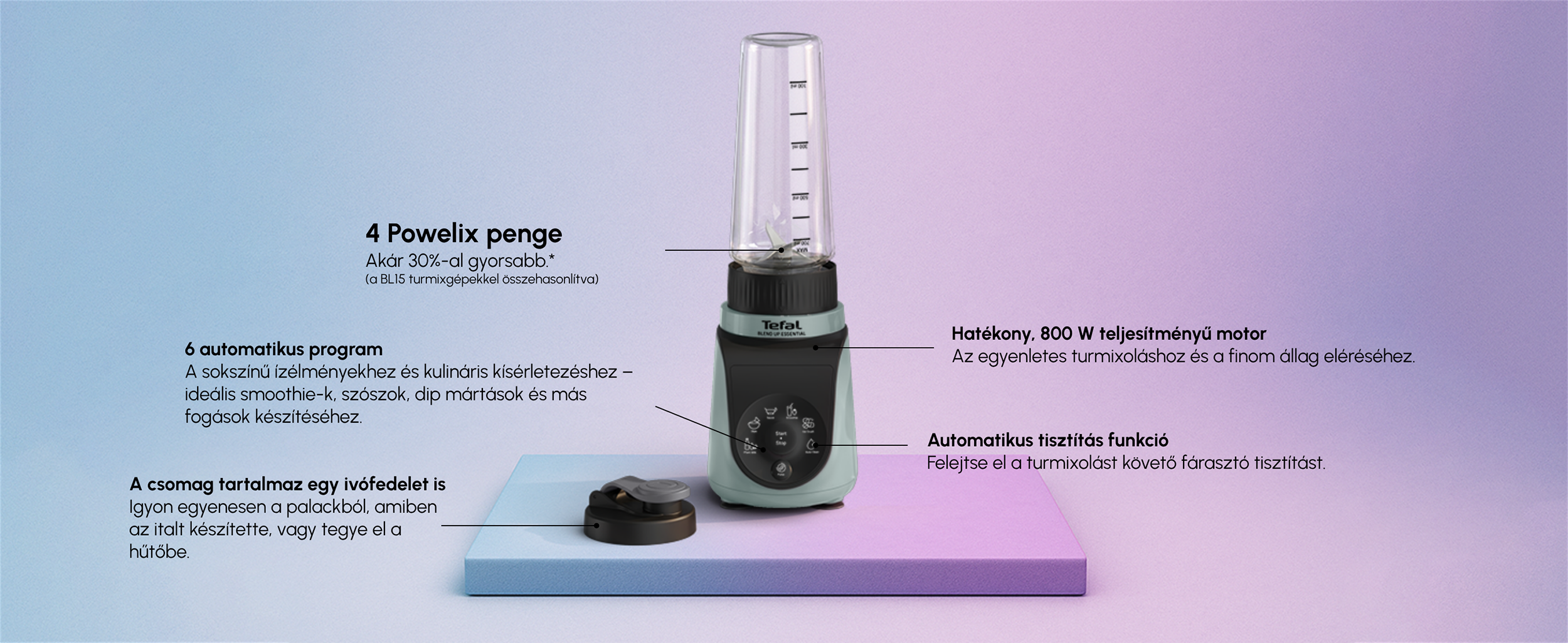 Tefal turmixgép kék és lila háttérrel, kiemelve a Powelix pengéket és a 800 W-os motort.
