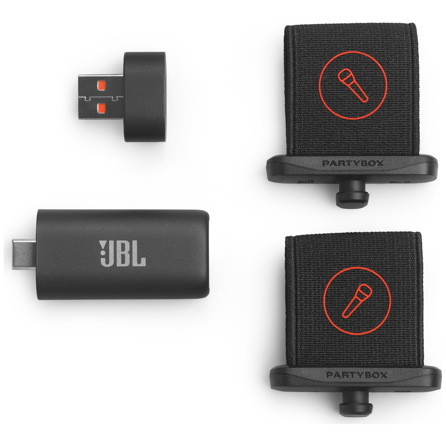 JBL draadloze microfoonset met een USB-ontvanger en twee zwarte microfoons met rode pictogrammen.