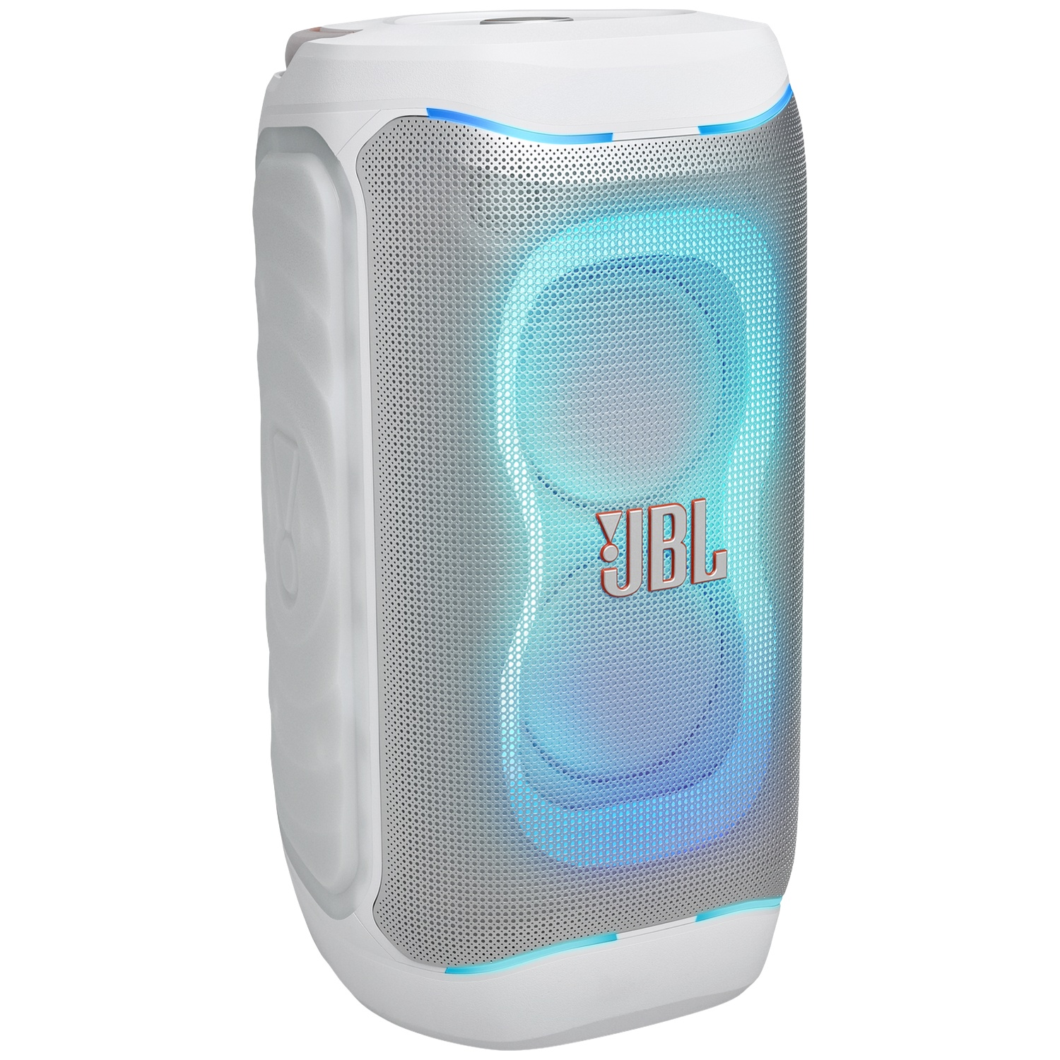 Witte draagbare JBL-speaker met zilveren grille en blauw oplichtend licht achter het logo.