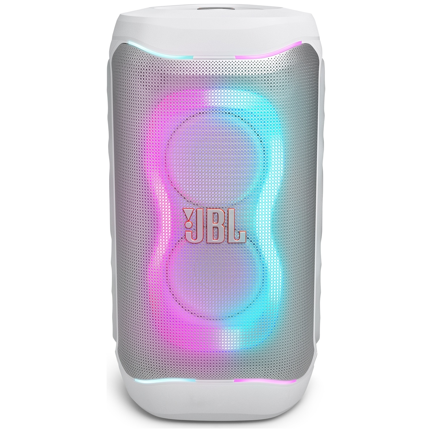 Een witte JBL Bluetooth-speaker met ronde LED-verlichting aan de voorkant.