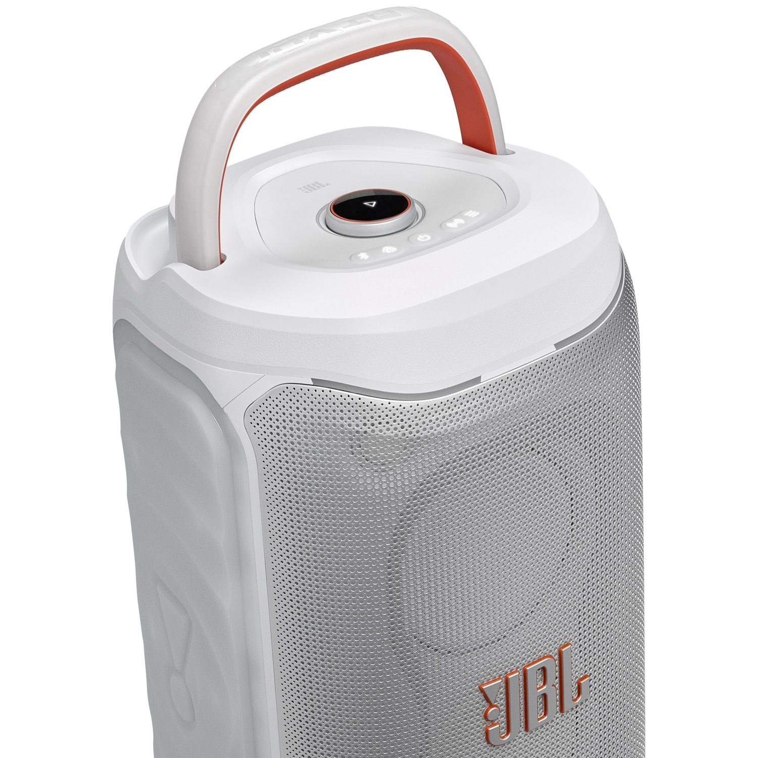 Draagbare witte JBL speaker met oranje handvat en zilveren grille op een witte achtergrond.