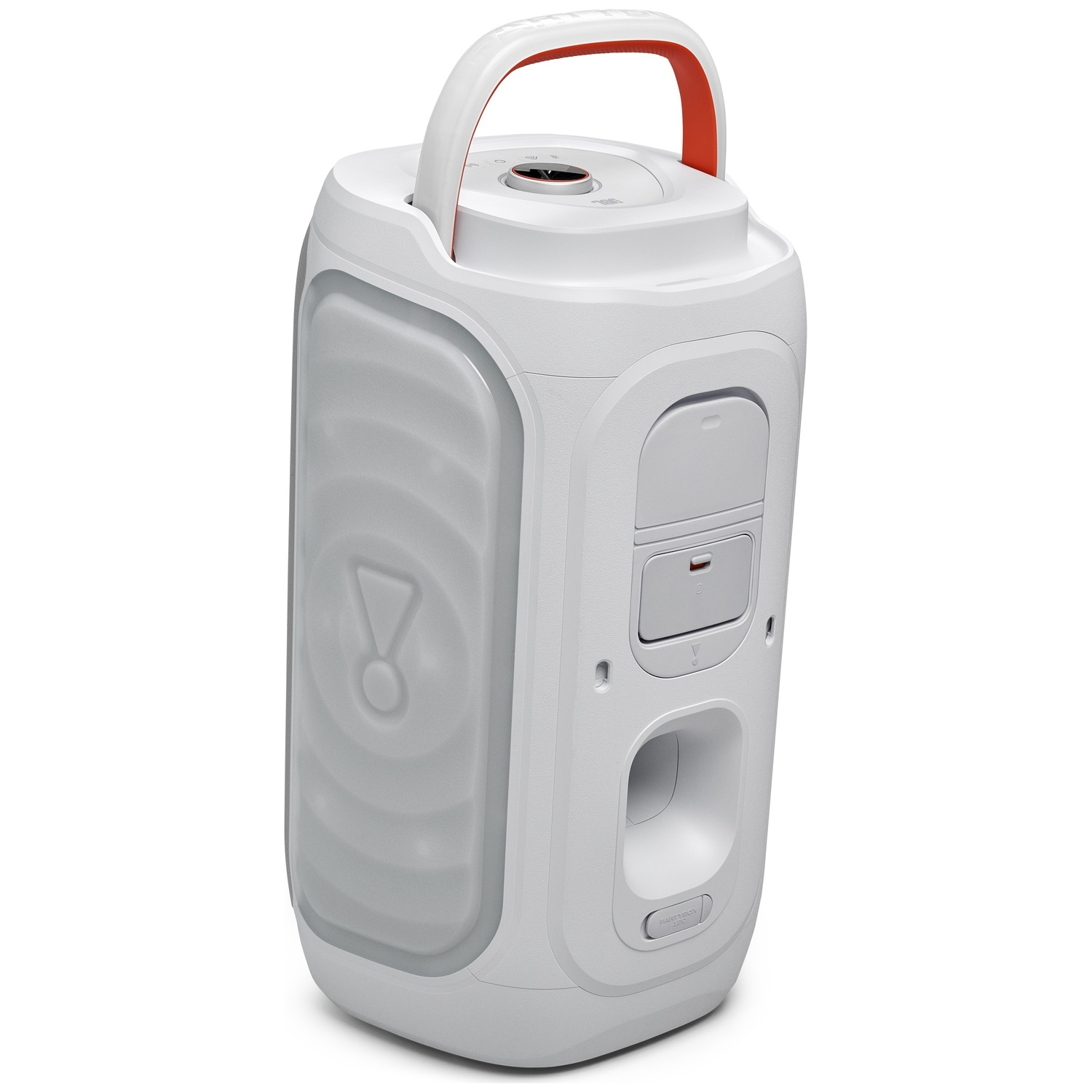 Een witte draagbare JBL Bluetooth-luidspreker met een oranje handvat aan de bovenkant op een witte achtergrond.