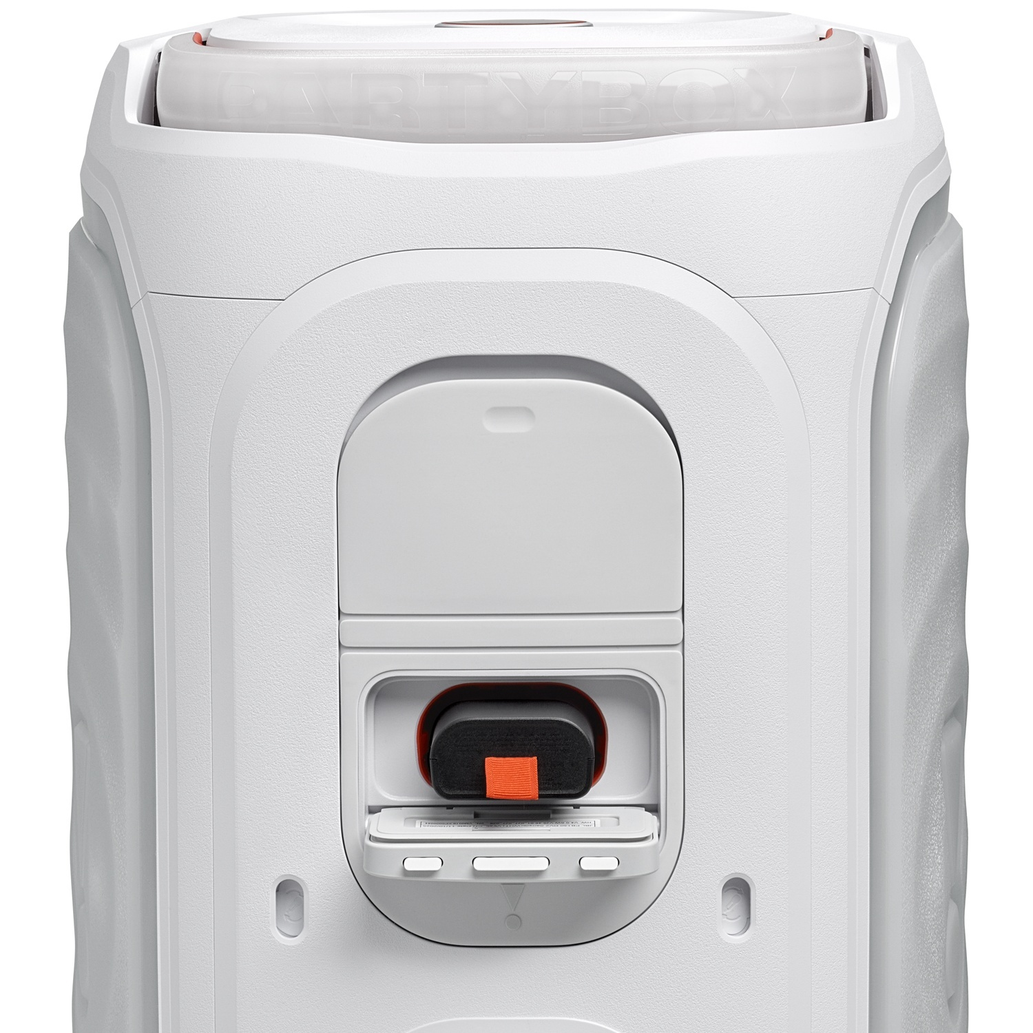 Achterkant van een witte Partybox-speaker met open vak en geplaatste accu.