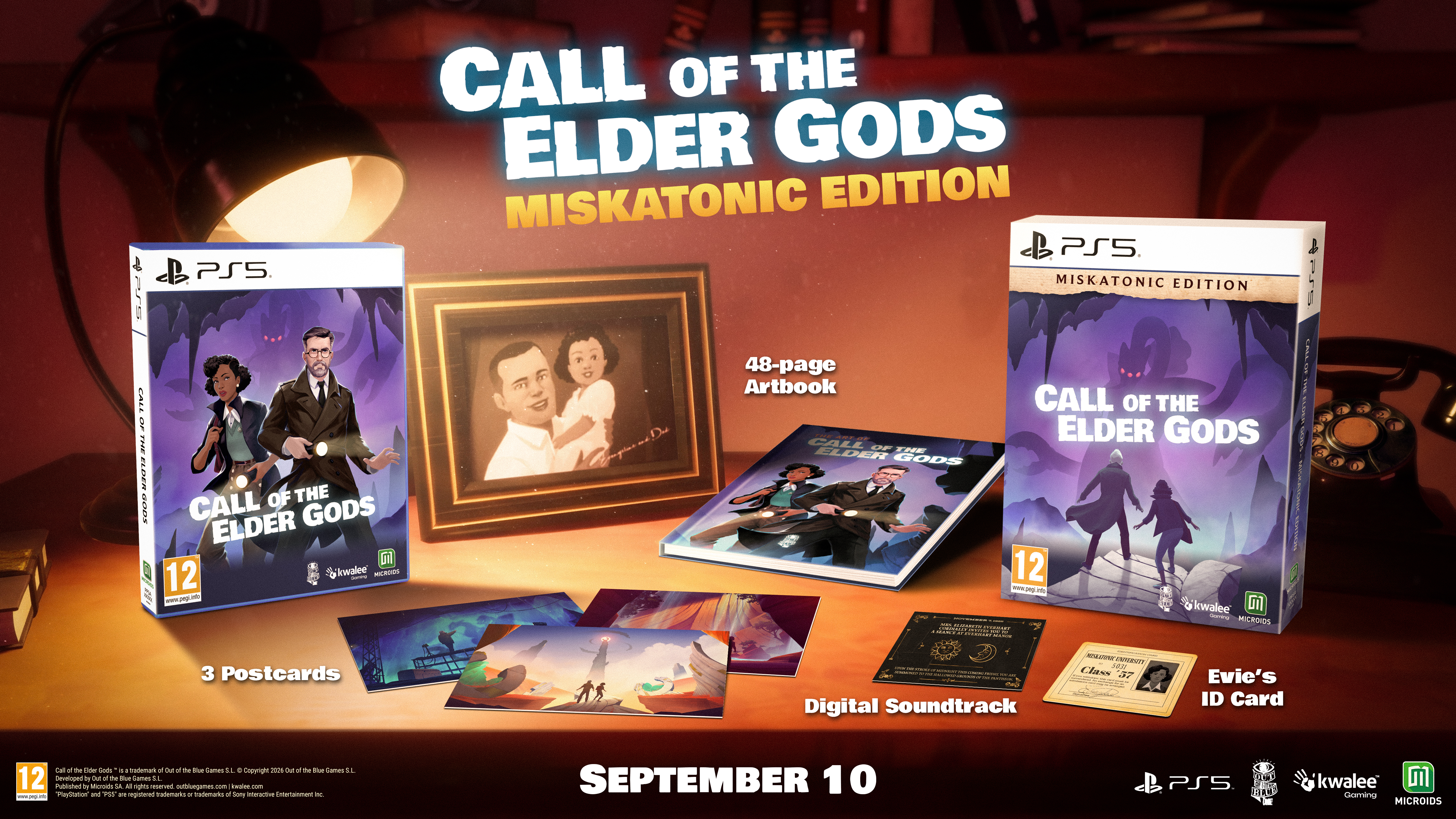Obraz promocyjny Call of the Elder Gods Miskatonic Edition na PS5 z grą, artbookiem i pocztówkami.