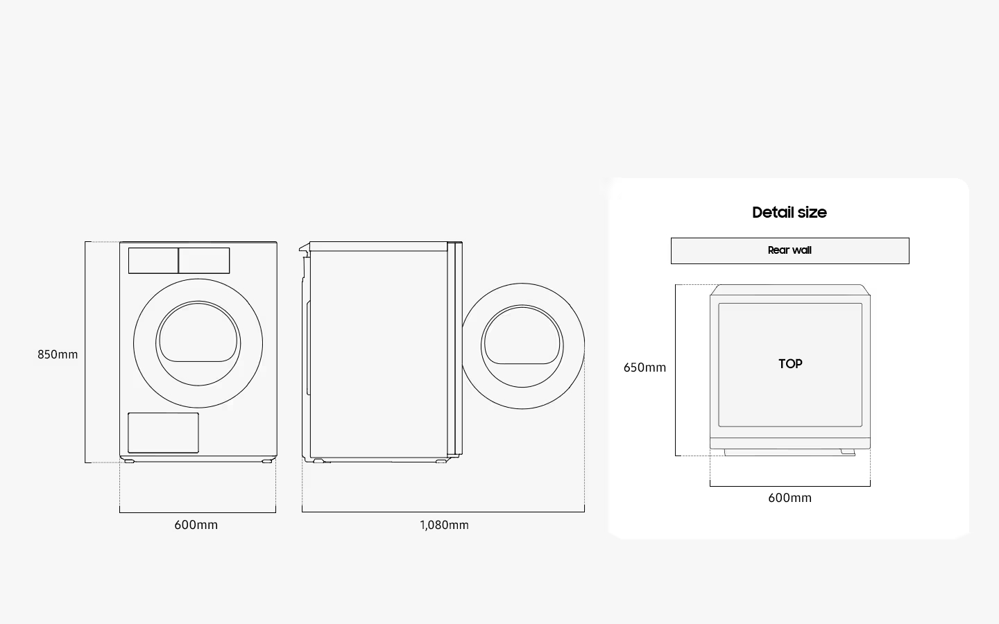 Diagramm zeigt die Maße einer Waschmaschine mit Frontansicht, Seitenansicht und Draufsicht sowie genauen Angaben.