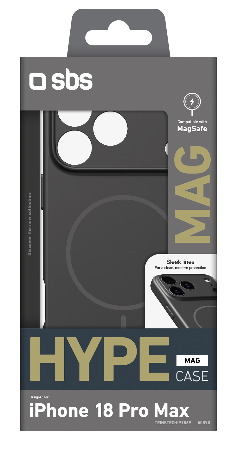 Opakowanie czarnego etui na telefon SBS Hype Mag do iPhone 18 Pro Max, kompatybilne z MagSafe.