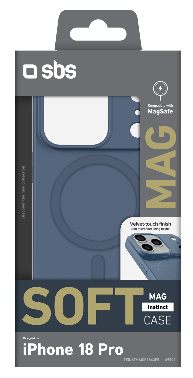Niebieskie opakowanie etui SBS Soft Mag Instinct do iPhone 18 Pro z kompatybilnością MagSafe.