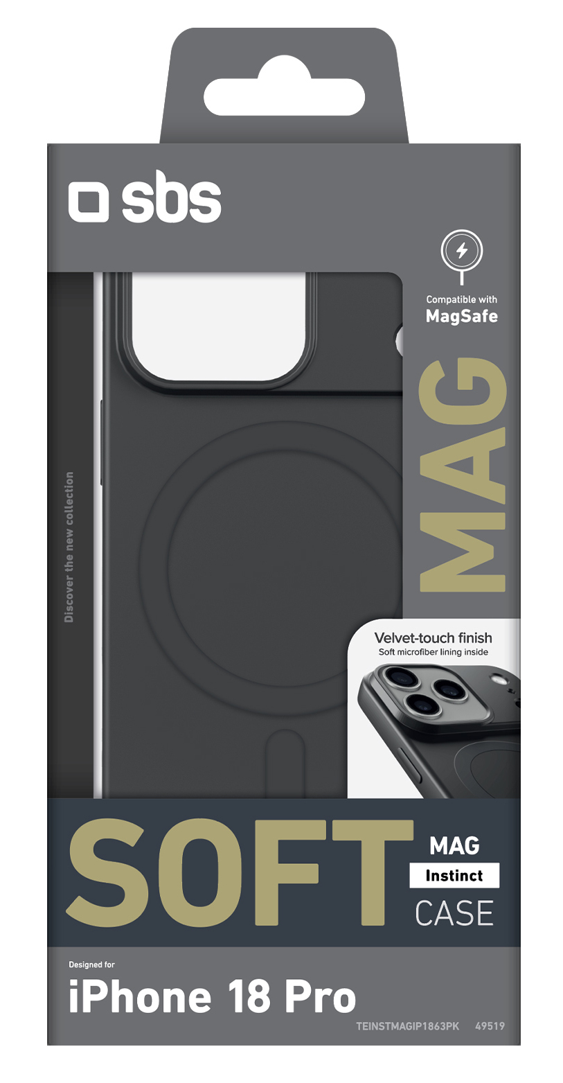 Szare opakowanie czarnego etui MagSafe do iPhone'a 18 Pro ze złotymi napisem.