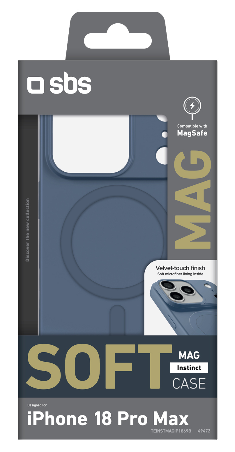 Opakowanie niebieskiego etui SBS Soft Mag Case do iPhone 18 Pro Max z kompatybilnością MagSafe.