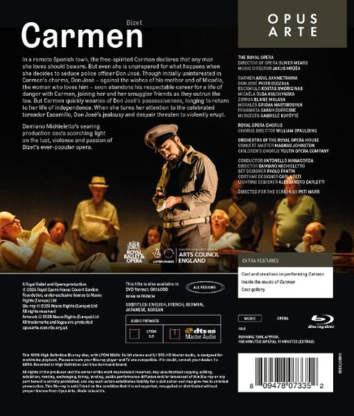 Rückseite des Carmen Blu-ray-Covers mit Szenenbild, Texten, Besetzung und technischen Details auf schwarzem Hintergrund.