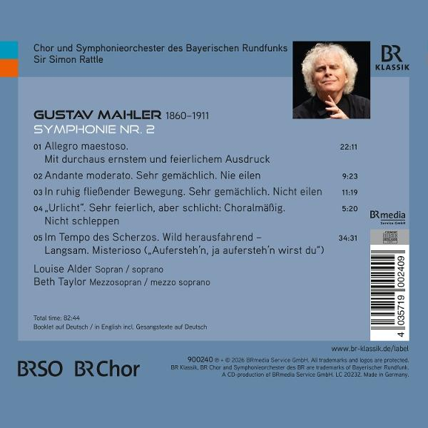 Rückseite einer CD von Gustav Mahlers Symphonie Nr. 2, dirigiert von Sir Simon Rattle.